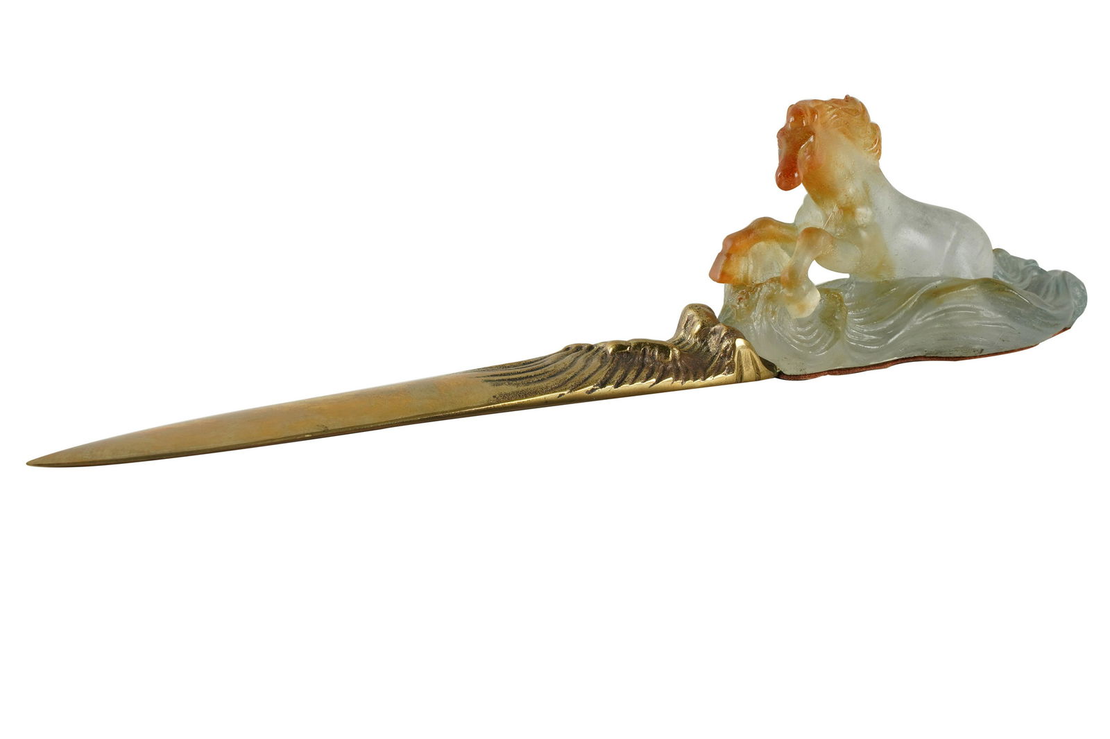 DAUM PATE DE VERRE LETTER OPENER: etched signature to horse; 11 inches long