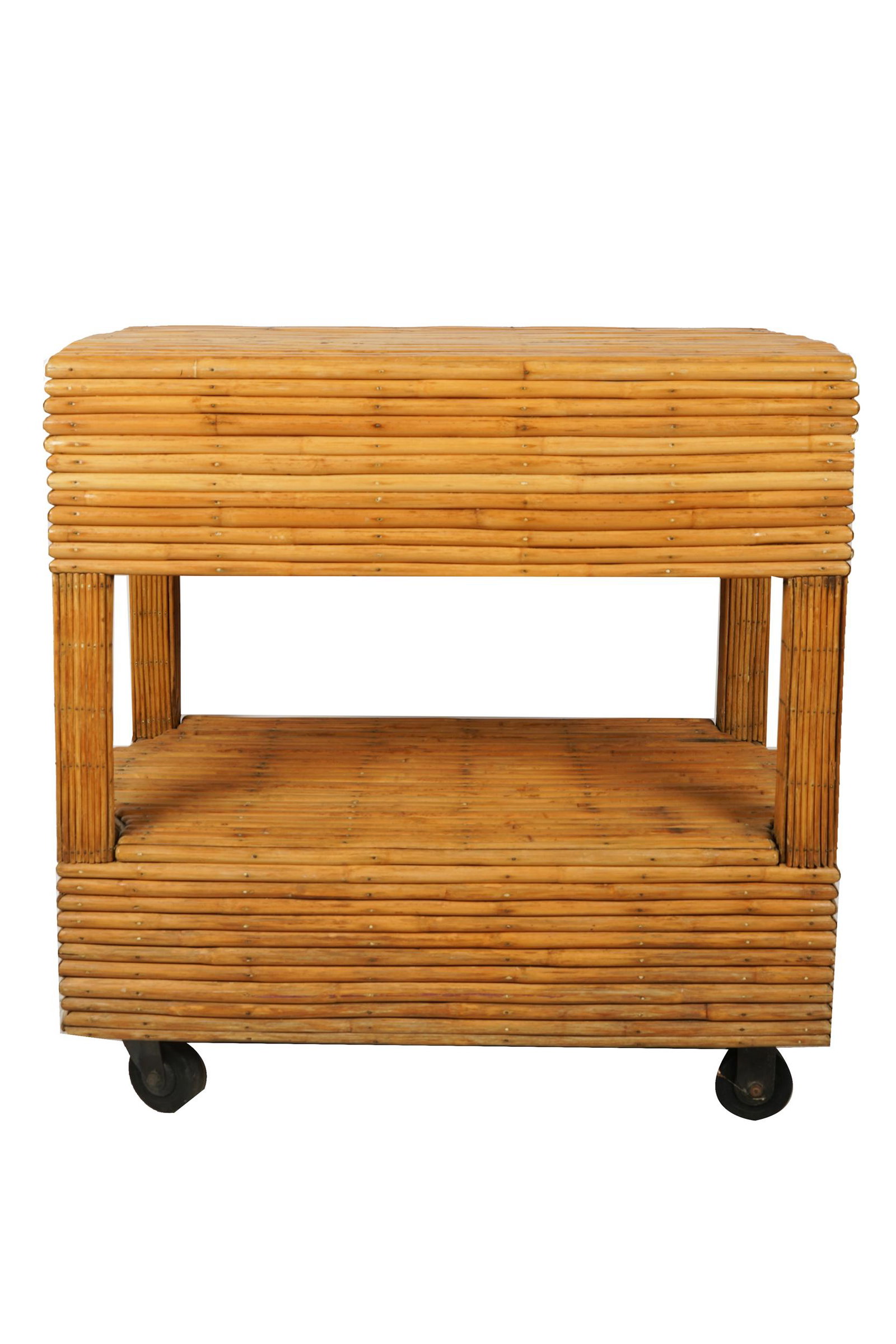 RATTAN TROLLEY CART: the hinged top opening to a storage compartment; Condition: with replaced casters of a later date; 38 1/2 inches wide; 24 inches deep; 38 inches high