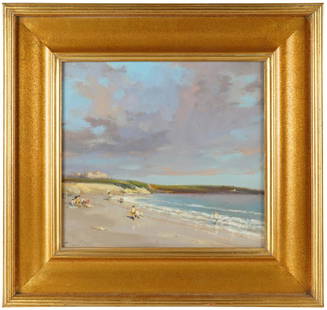 KEN MORONEY (1949- ): "ON THE BEACH": oil on board; Provenance: De Ru's Fine Arts, Bellflower, CA Estate of DeWitt McCall III; 13 x 13 inches