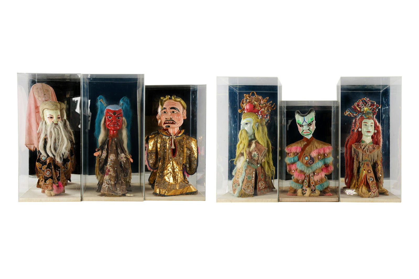 SIX TAIWANESE PUPPETS: painted wood, each cased in acrylic; Condition: nose repaired on one, chips and loss to several, possible loose pieces at feet, possible missing implements to hands; loss to one case lower; largest bo