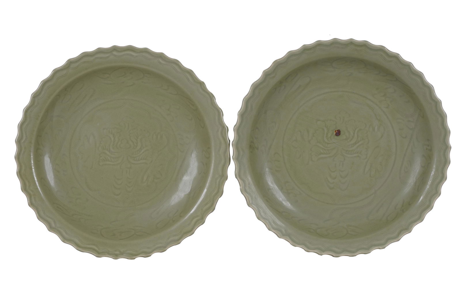 PAIR OF CHINESE STYLE CELADON-GLAZED CHARGERS (1 of 12)