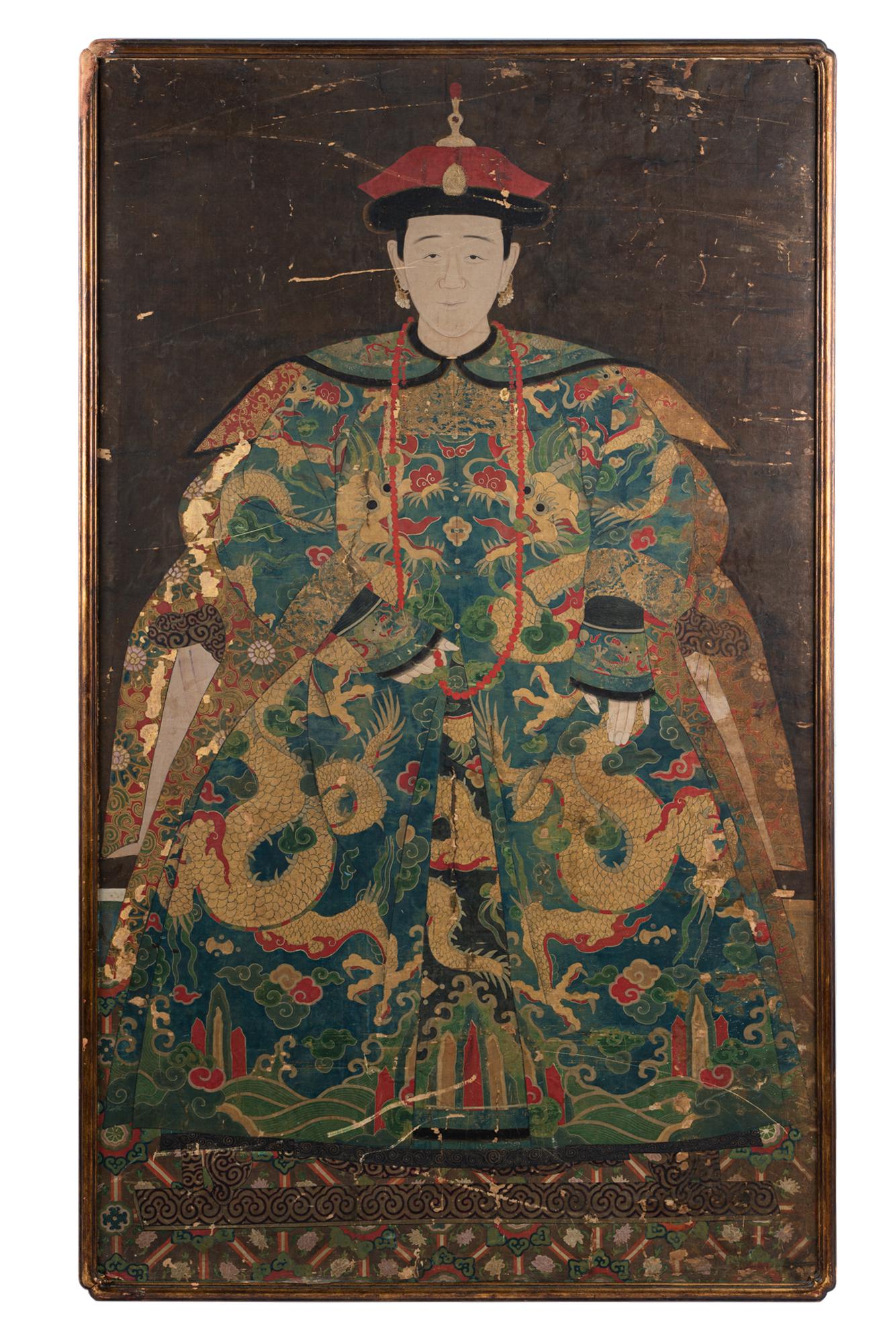 CHINESE ANCESTRAL PAINTING: paper on panel; Provenance: The Estate of Stephen W. Royce Sr., The Inn at Rancho Santa Fe; Condition: with losses; 66 1/4 x 39 inches frame