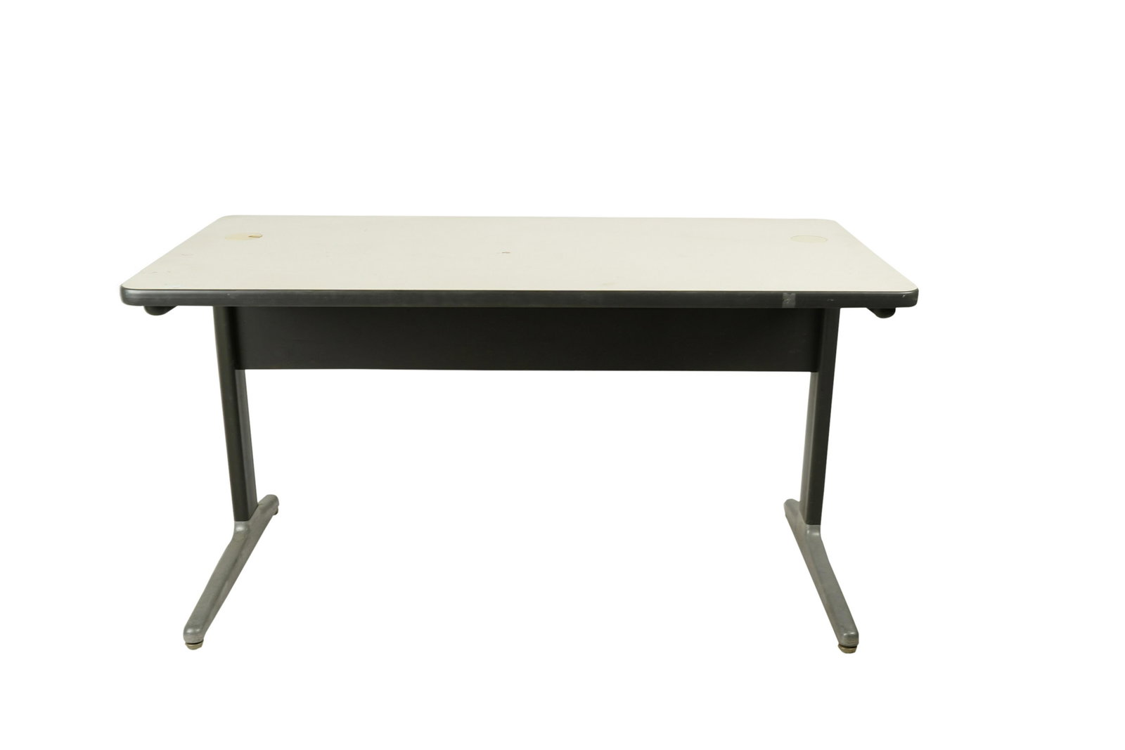 HERMAN MILLER: LAMINATE & METAL WRITING TABLE: manufacturer label to underside; Condition: with wear to outer trim; scratches to legs; 48 inches wide; 23 1/2 inches deep; 25 1/4 inches high