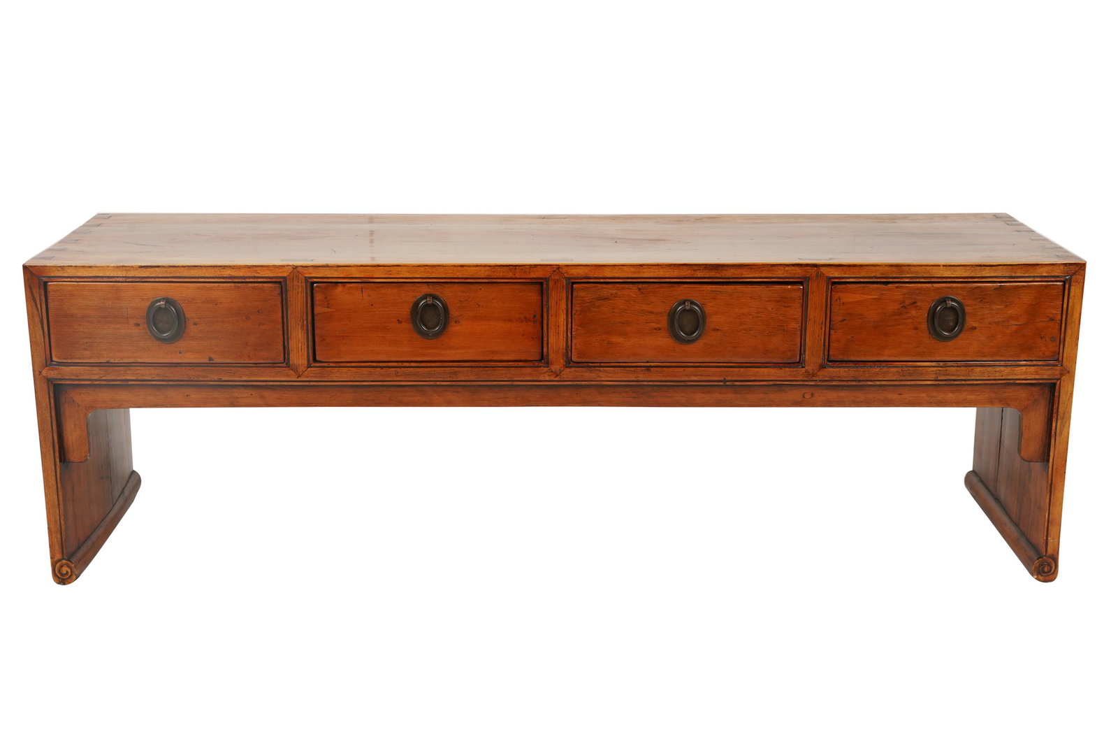 ASIAN LOW CABINET: with four drawers; Condition: some scratches to top; slight fading to finish; 51 inches wide; 13 1/2 inches deep; 16 5/8 inches high