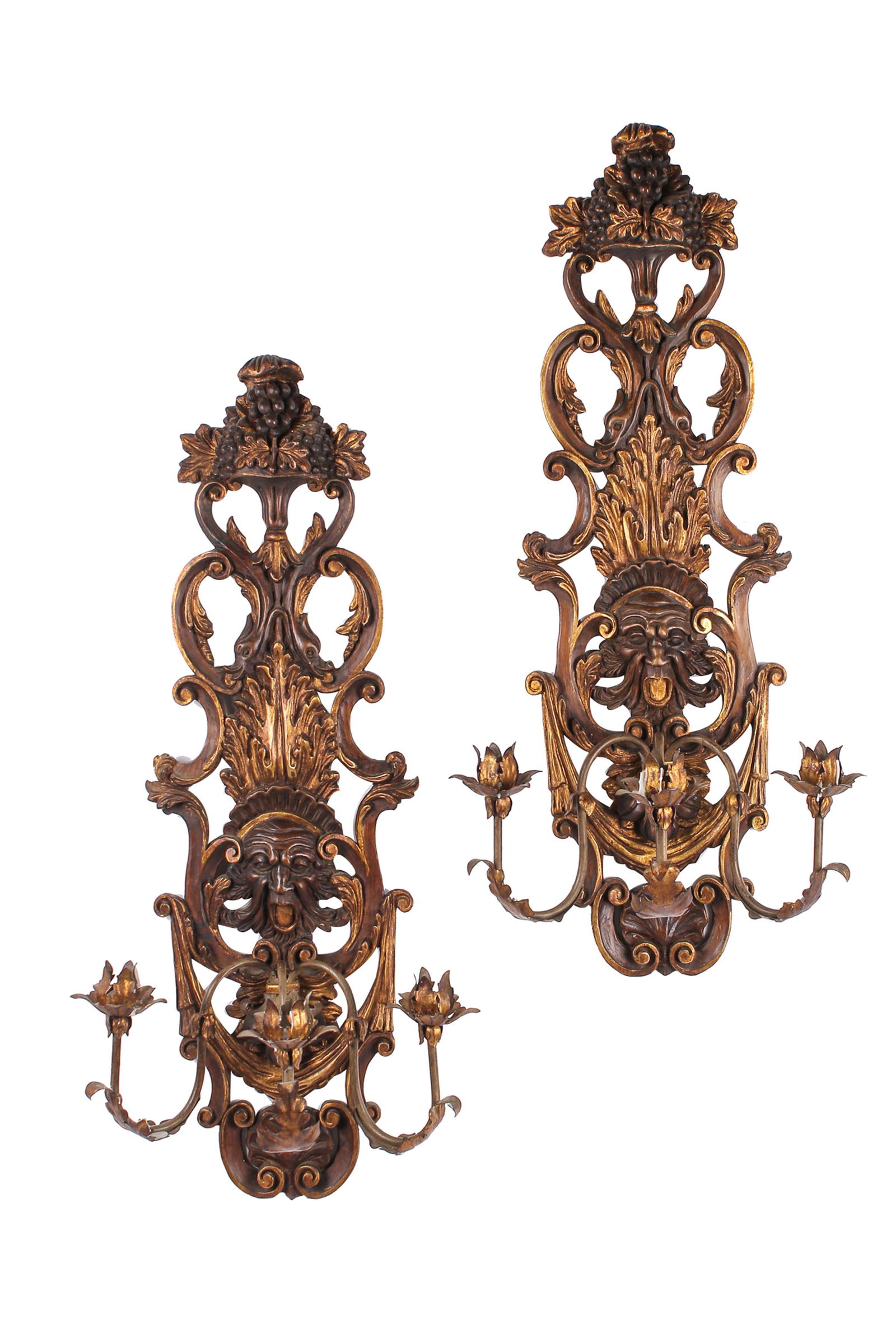 PAIR OF WALNUT & PARCEL GILT CARVED WALL SCONCES (1 of 7)