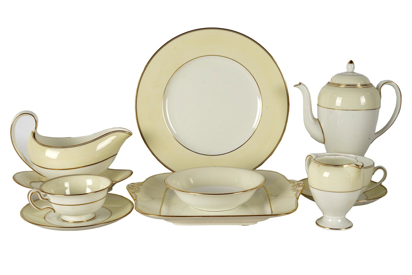 WEDGWOOD BONE CHINA PARTIAL SERVICE: an assembled set with various printed factory marks; comprising: 8 dinner plates (10 3/4 inches diameter); 6 dessert bowls (6 inches diameter); 6 fruit bowls (5 inches diameter); 8 cream soup bowls (6