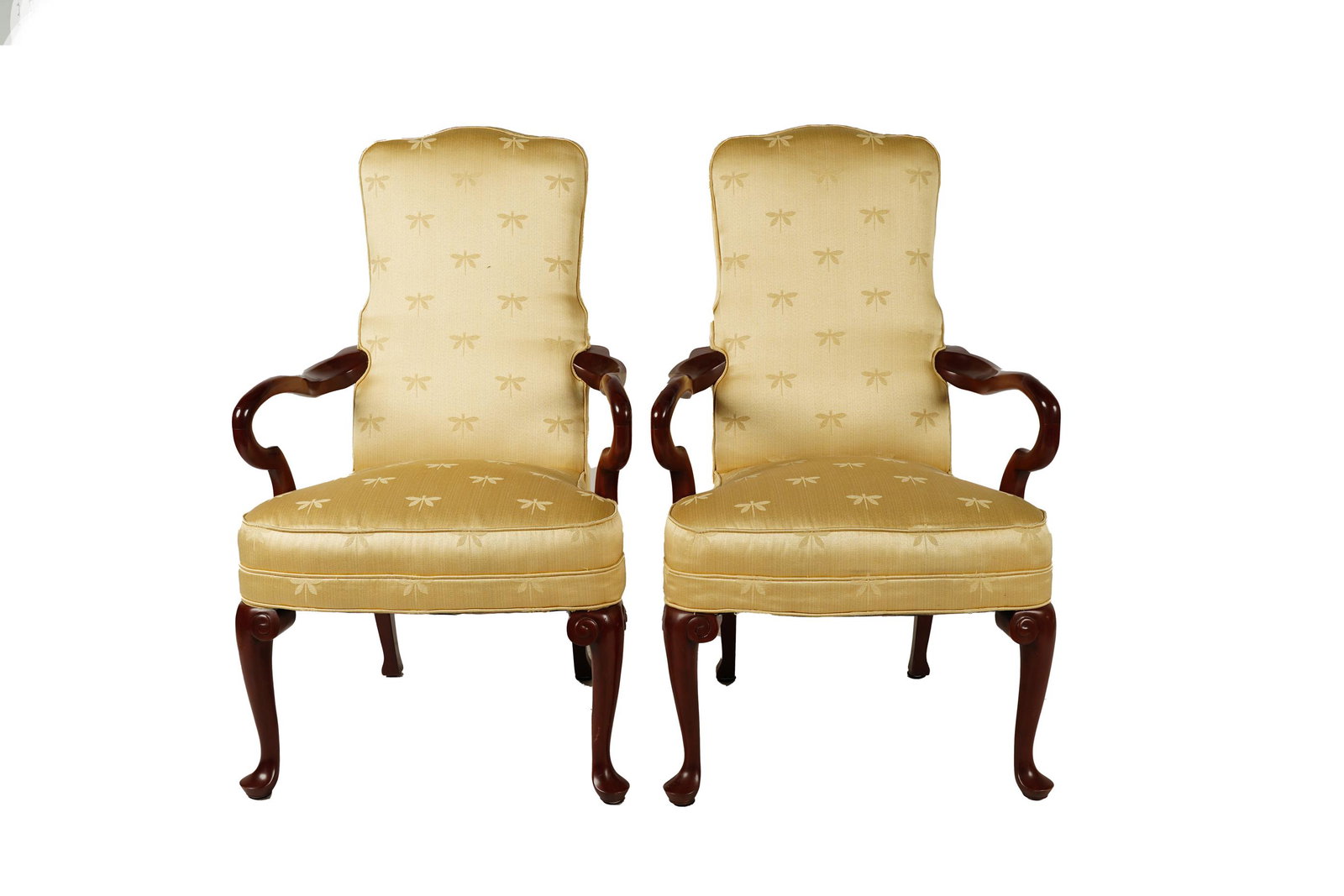 PAIR OF GEORGIAN-STYLE MAHOGANY ARMCHAIRS: late 20th century, unsigned; Condition: with stain to one seat; 26 inches wide; 20 inches deep; 43 inches high; sat height: 19 1/2 inches