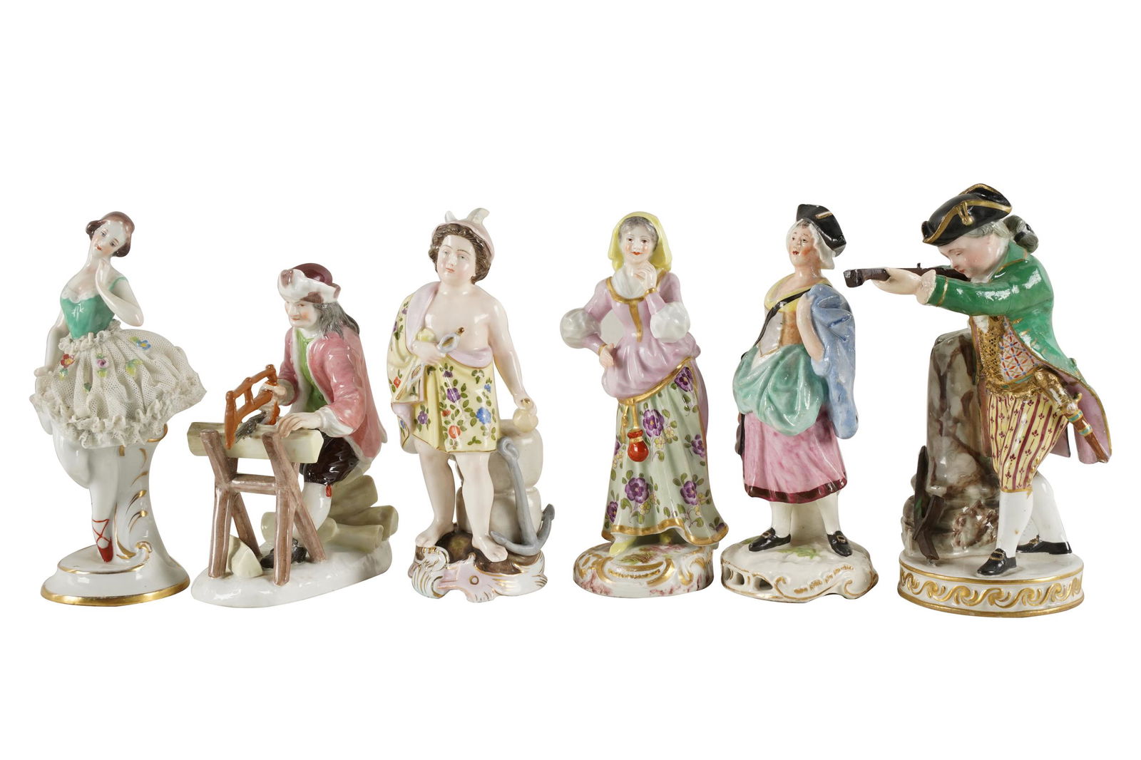 SIX CONTINENTAL PORCELAIN FIGURES: variously marked, including one with Meissen blue crossed sword mark, depicting a woodcutter (3 1/2 inches wide; 5 inches high); one with incised beehive mark, depicting a man with a rifle (6 inches h