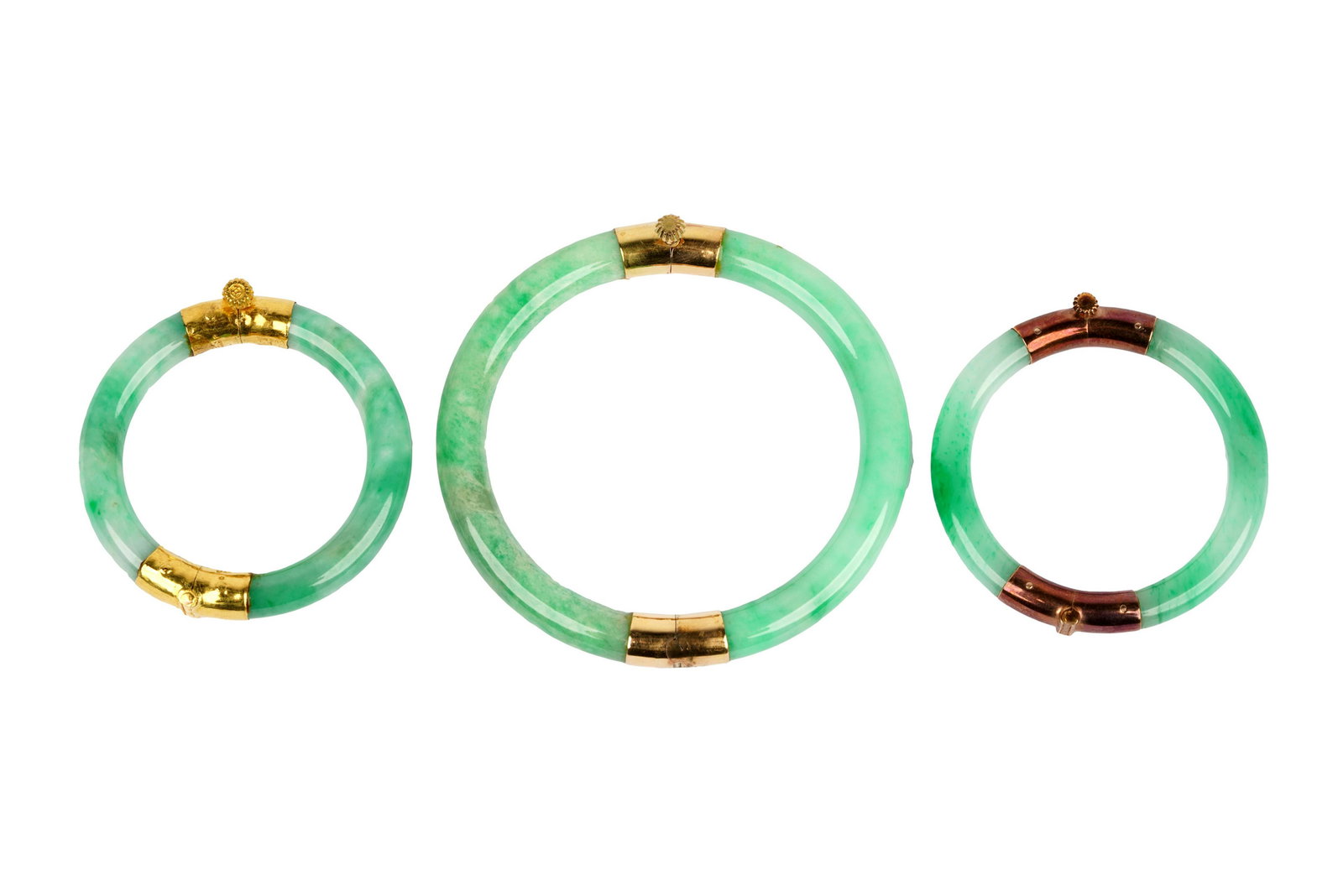 THREE 14 KARAT GOLD & JADE BANGLES (1 of 7)