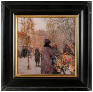 KEN MORONEY (B. 1949): "THE PARISIAN FLOWER SELLER": oil on board; signed lower left; titled to gallery label verso; Provenance: Estate of Dewitt McCall 13 x 13 inches; 20 x 20 inches frame