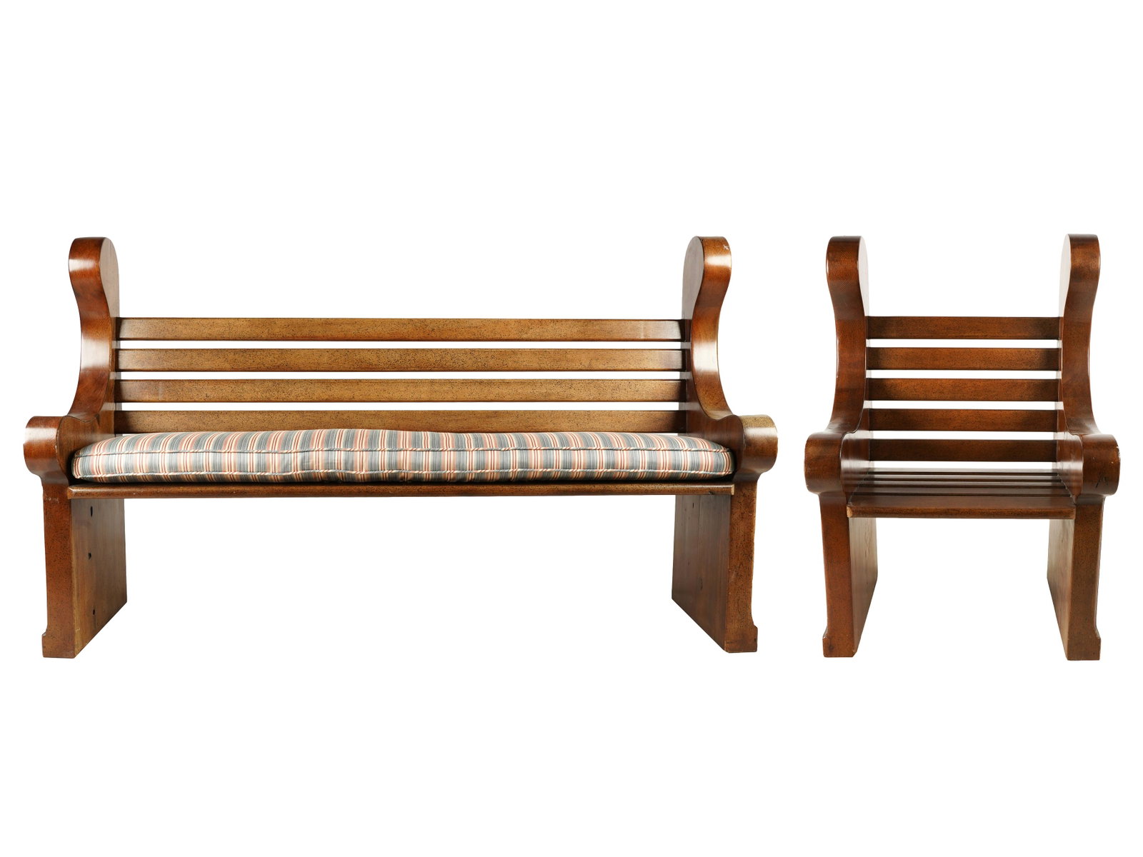 RAYMOND ENKEBOLL: CARVED WOOD BENCH & ARMCHAIR: unsigned; each with striped seat cushion; Provenance: The Estate of Bertha Hernandez, San Marino CA; Condition: each with scratches and sun fading to finish; the bench: 72 inches wide; 21 3/4 inches d