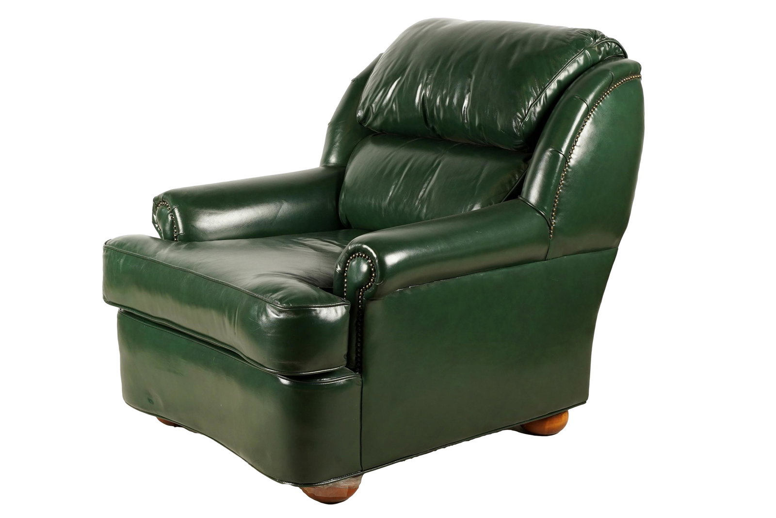 LEATHER FACTORY: GREEN LEATHER CLUB CHAIR: with manufacturer's label; Condition: good; a few light marks; does not recline; 33 1/2 inches wide; 40 inches deep; 36 inches high; seat height: 17 1/2 inches