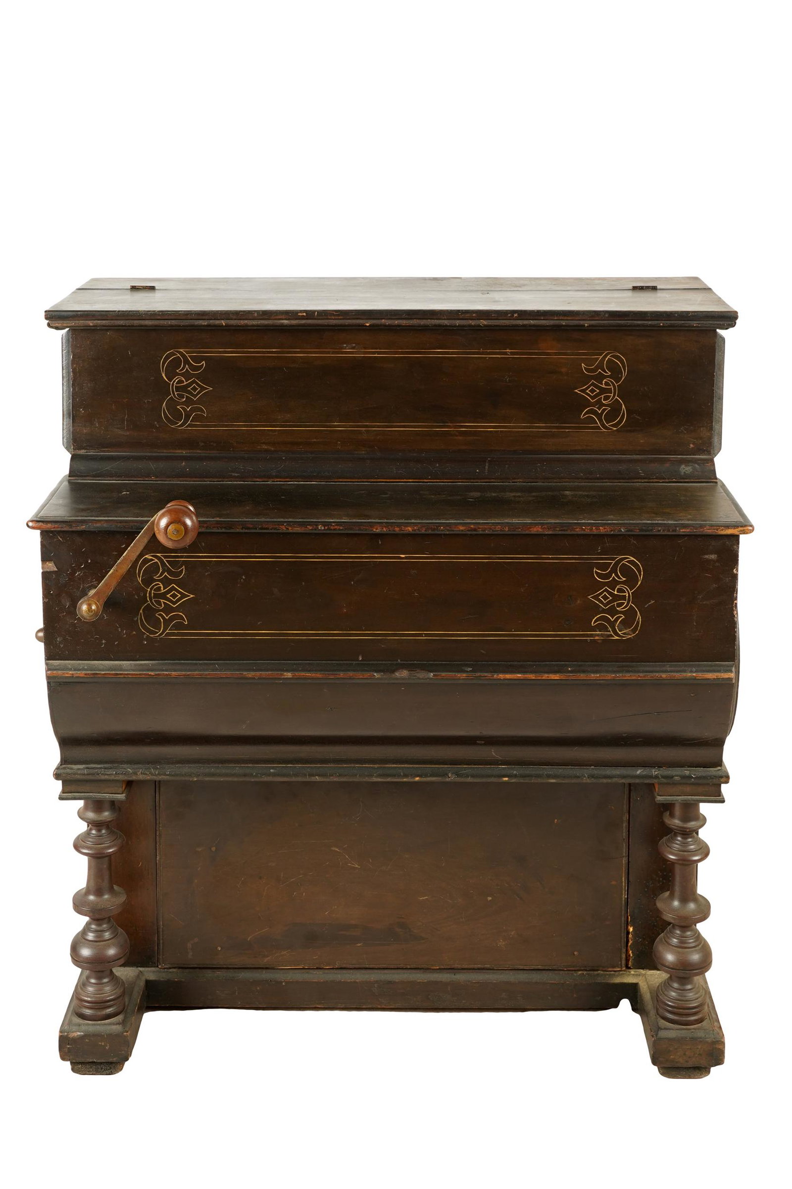BARREL PIANO: no visible manufacturer's mark; with roll and handwritten tune card in Spanish; Condition: areas of sun fading, scratches to base and sides, insect damage to lower right section; 30 inches wide; 19 1/