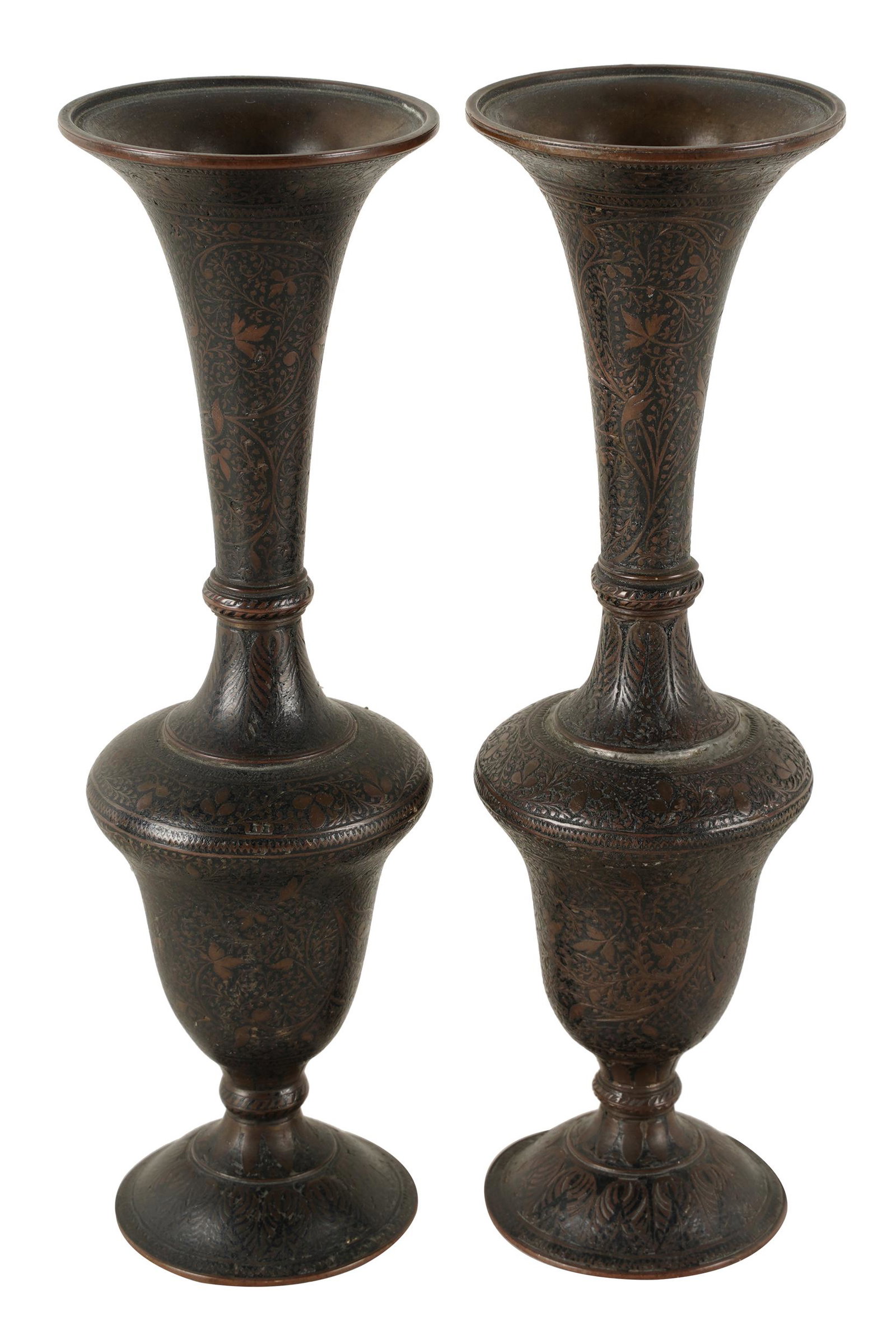PAIR OF PERSIAN DAMASCENE BUD VASES: with foliate design; each: 8 inches high