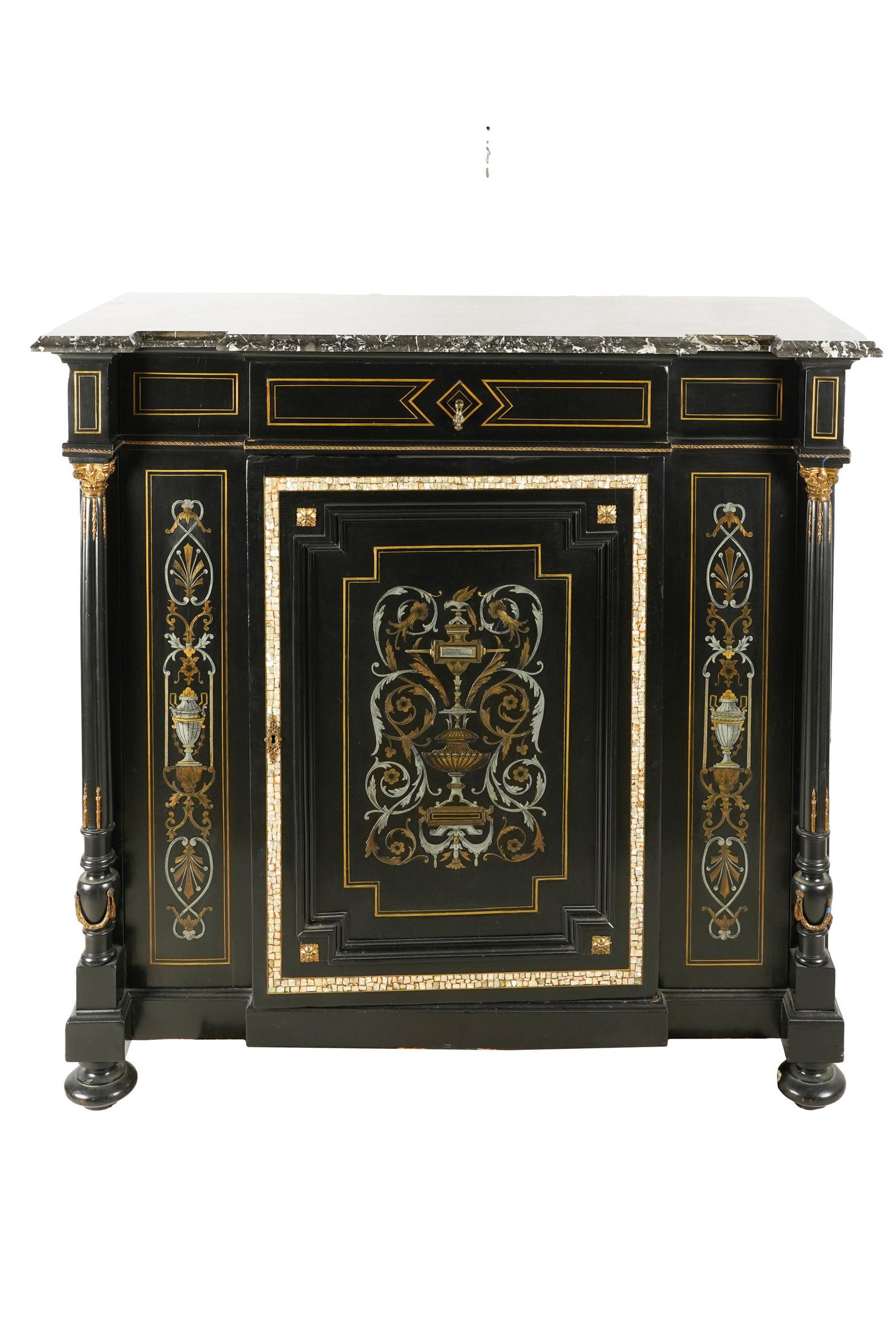 MARBLE-TOP INLAID EBONIZED CABINET: contemporary; inlaid with metal and shell; having a frieze drawer over a hinged door concealing a shelf; Condition: slight lifting to metal inlay on front; slight cracking to finish on side panels; ma