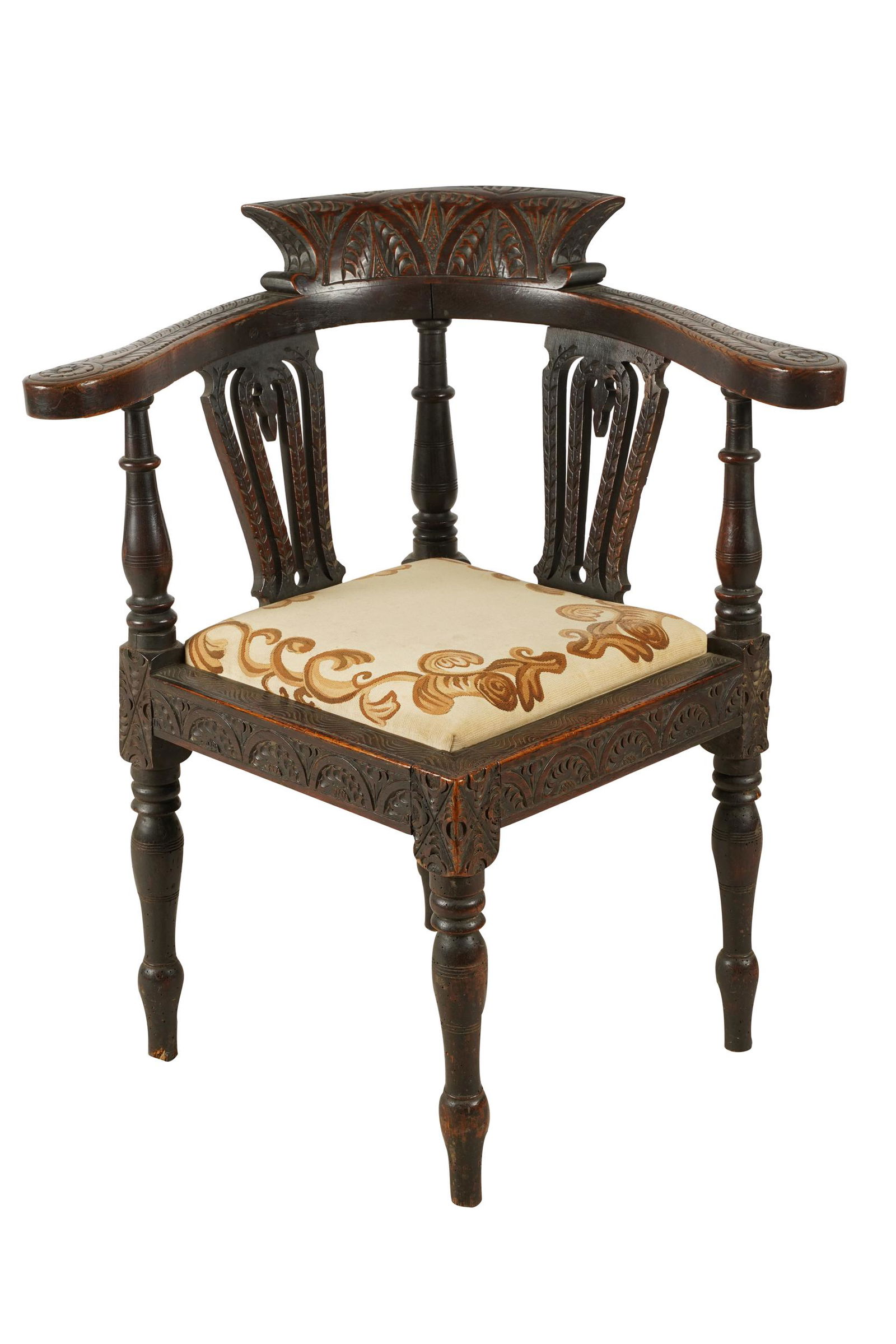 JACOBEAN-STYLE CARVED OAK CORNER CHAIR (1 of 8)
