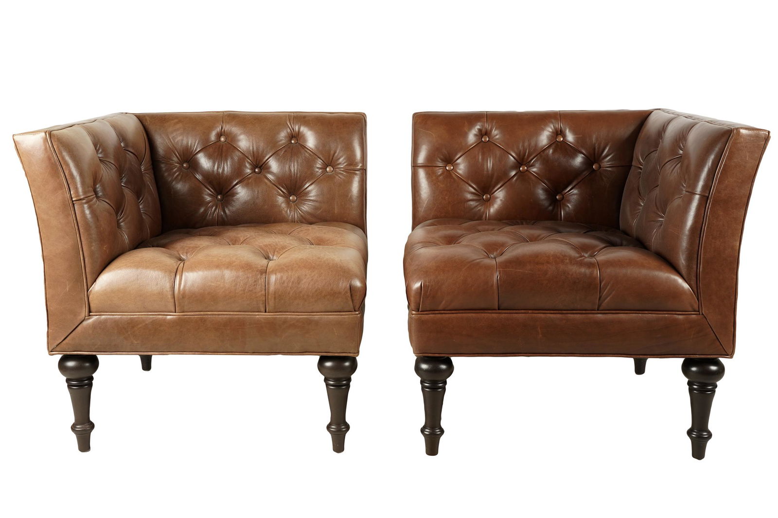 BERNHARDT: PAIR OF BROWN LEATHER CORNER CHAIRS (1 of 9)