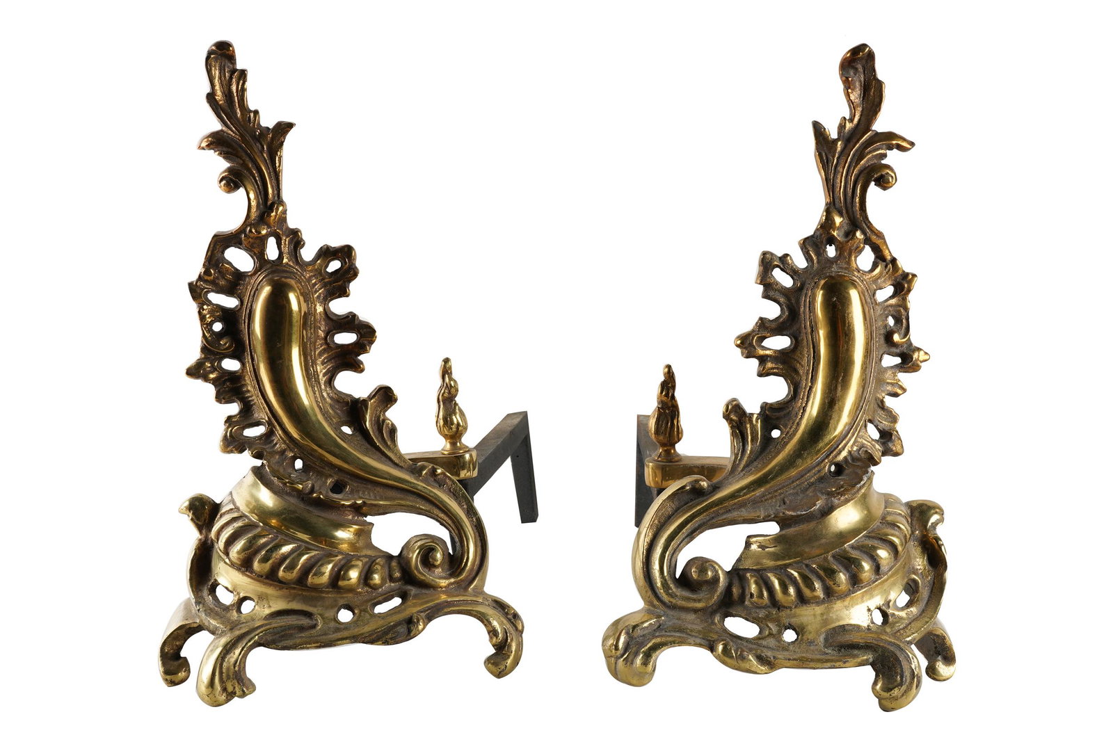 PAIR OF ROCOCO STYLE GILT BRASS CHENETS: with iron billet bars; Condition: one with detached billet; 10 inches wide; 19 inches deep; 16 inches high