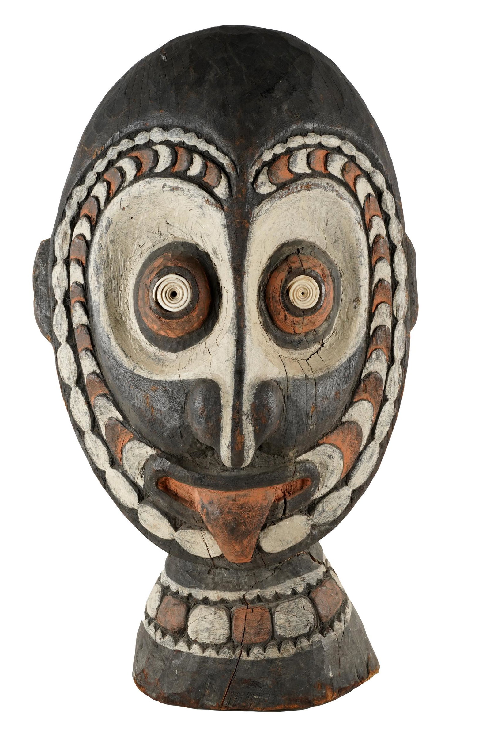 AFRICAN STYLE PAINTED TOTEM: Condition: with splitting to wood throughout; 20 1/4 inches wide; 7 inches deep; 35 1/2 inches high
