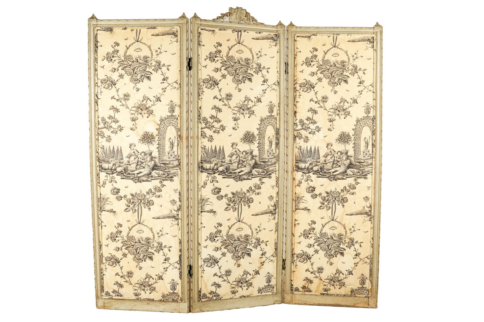 LOUIS XVI STYLE CARVED & GREY-PAINTED THREE-FOLD SCREEN (1 of 8)