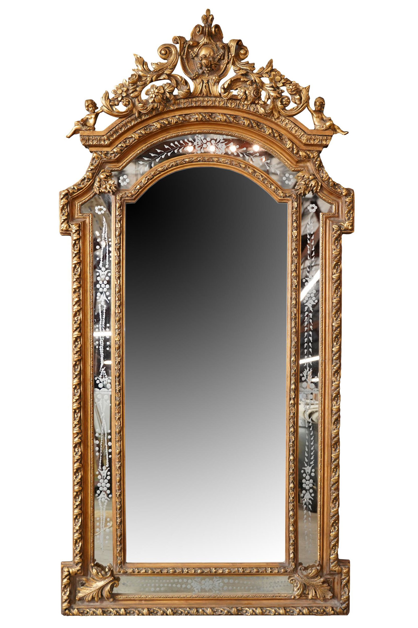NEOCLASSIC STYLE GILTWOOD & ETCHED GLASS WALL MIRROR (1 of 9)
