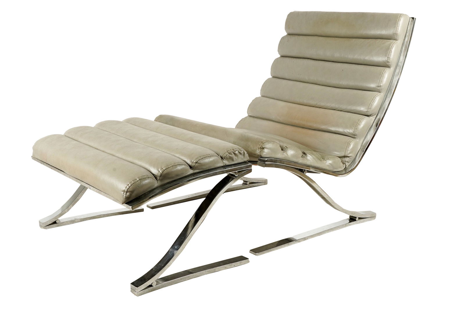 CHROME & GREY LEATHER LOUNGE CHAIR & OTTOMAN (1 of 9)