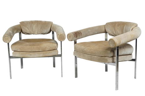 METROPOLITAN FURNITURE: PAIR OF SUEDE & CHROME: with manufacturer's tags "Metropolitan, San Francisco"; Condition: one with tear to arm; each with stains to arm; 29 inches wide; 28 inches deep; 26 1/2 inches high; seat height: 16 inches