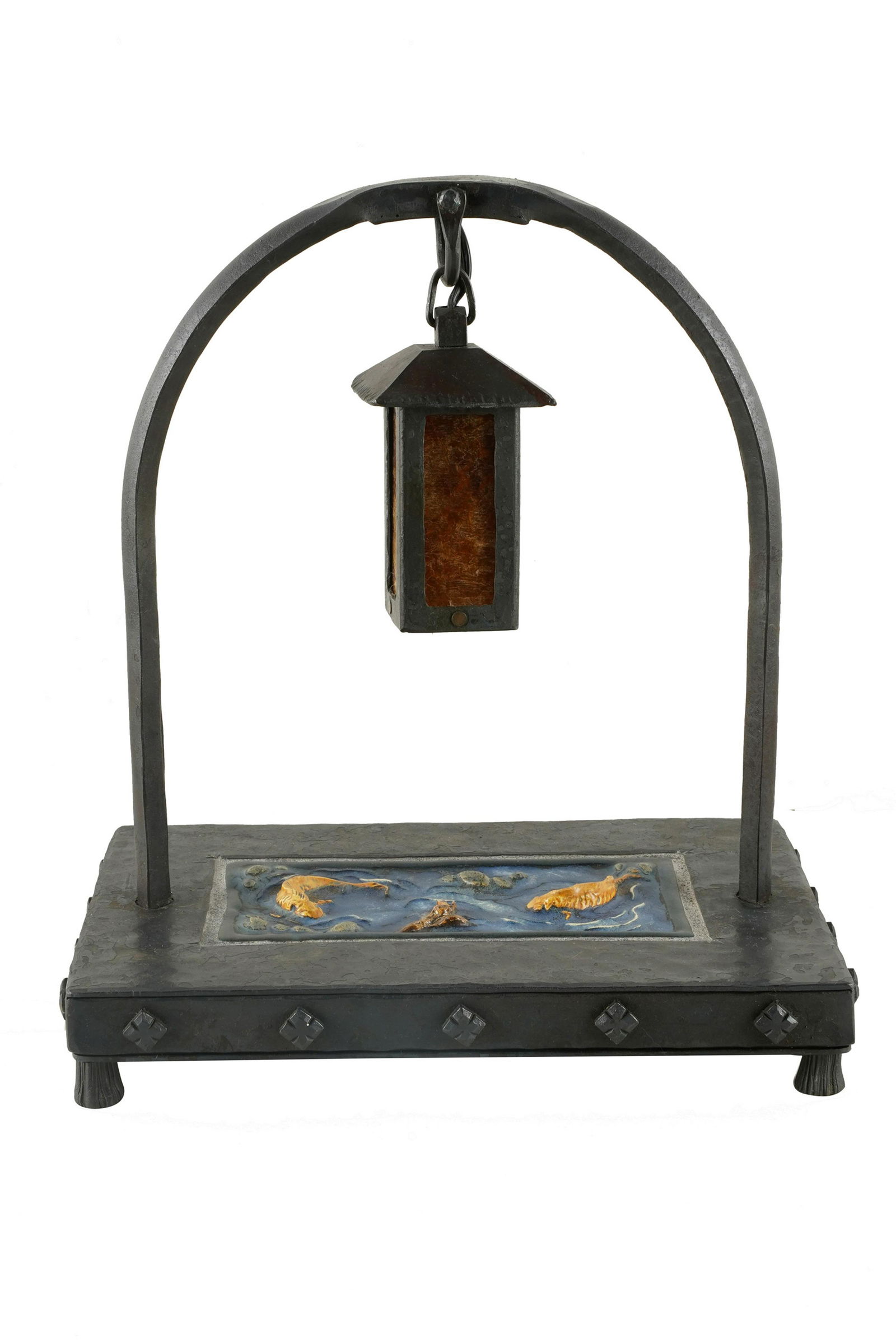 BUSHERE & SON: ARTS & CRAFTS STYLE IRON & TILE LAMP (1 of 7)