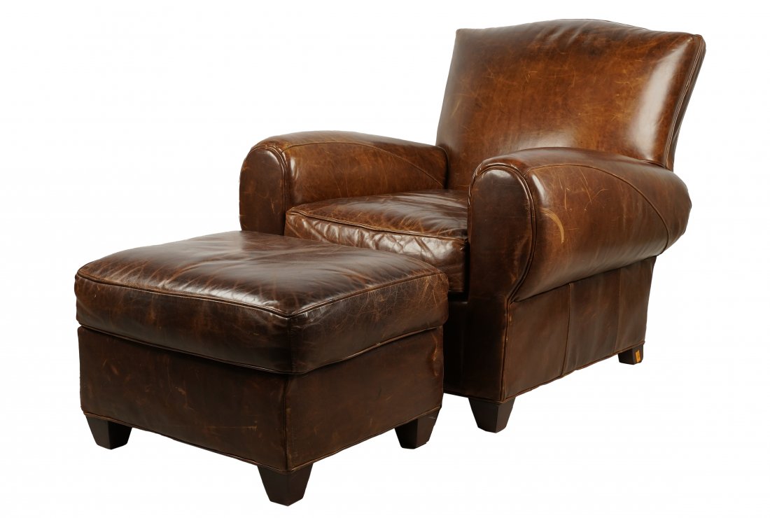 RESTORATION HARDWARE: BROWN LEATHER CLUB CHAIR & (1 of 9)