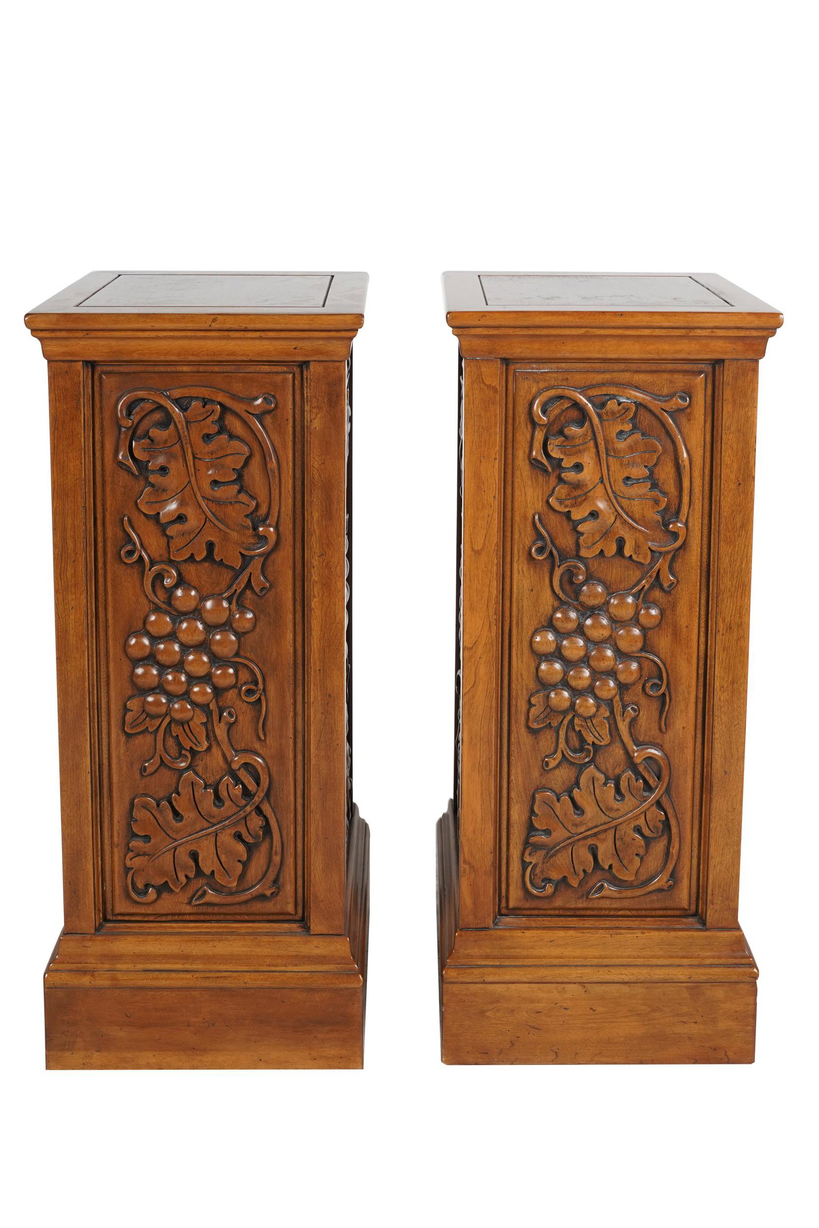 RAYMOND ENKEBOLL: PAIR OF CARVED MAHOGANY PEDESTALS: with grapevine motif to each side; Provenance: The Estate of Bertha Hernandez, San Marino CA; 13 3/4 inches square; 33 3/4 inches high