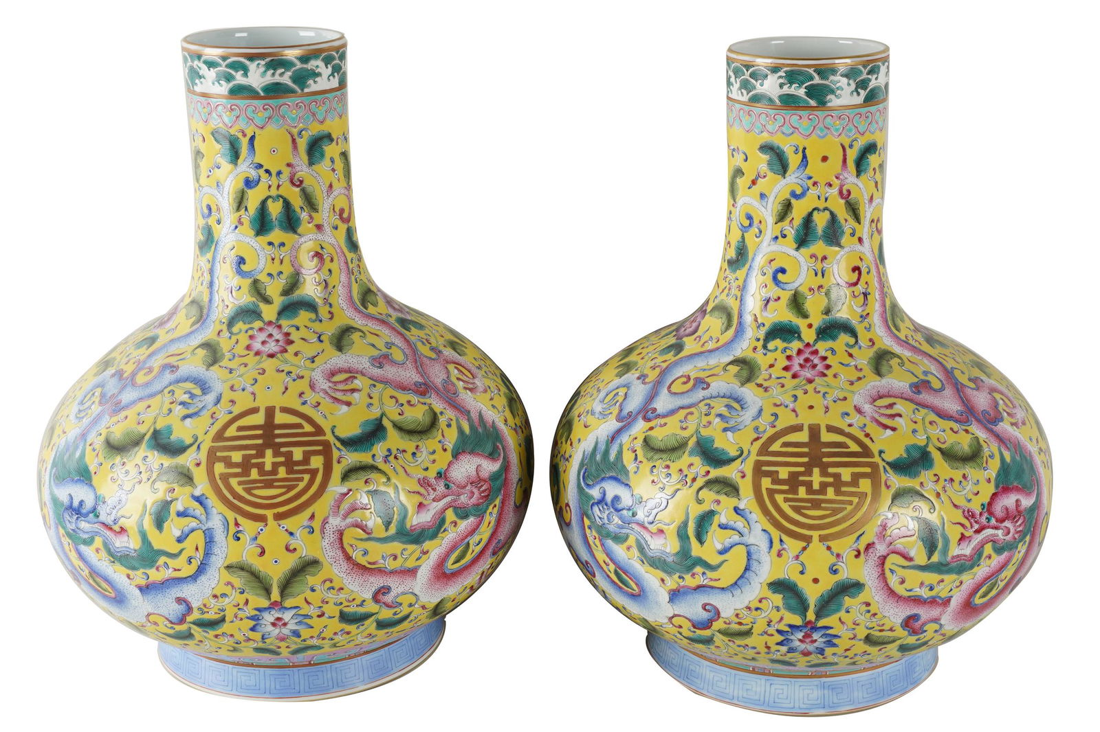 PAIR CHINESE YELLOW-GROUND PORCELAIN DRAGON VASES (1 of 10)