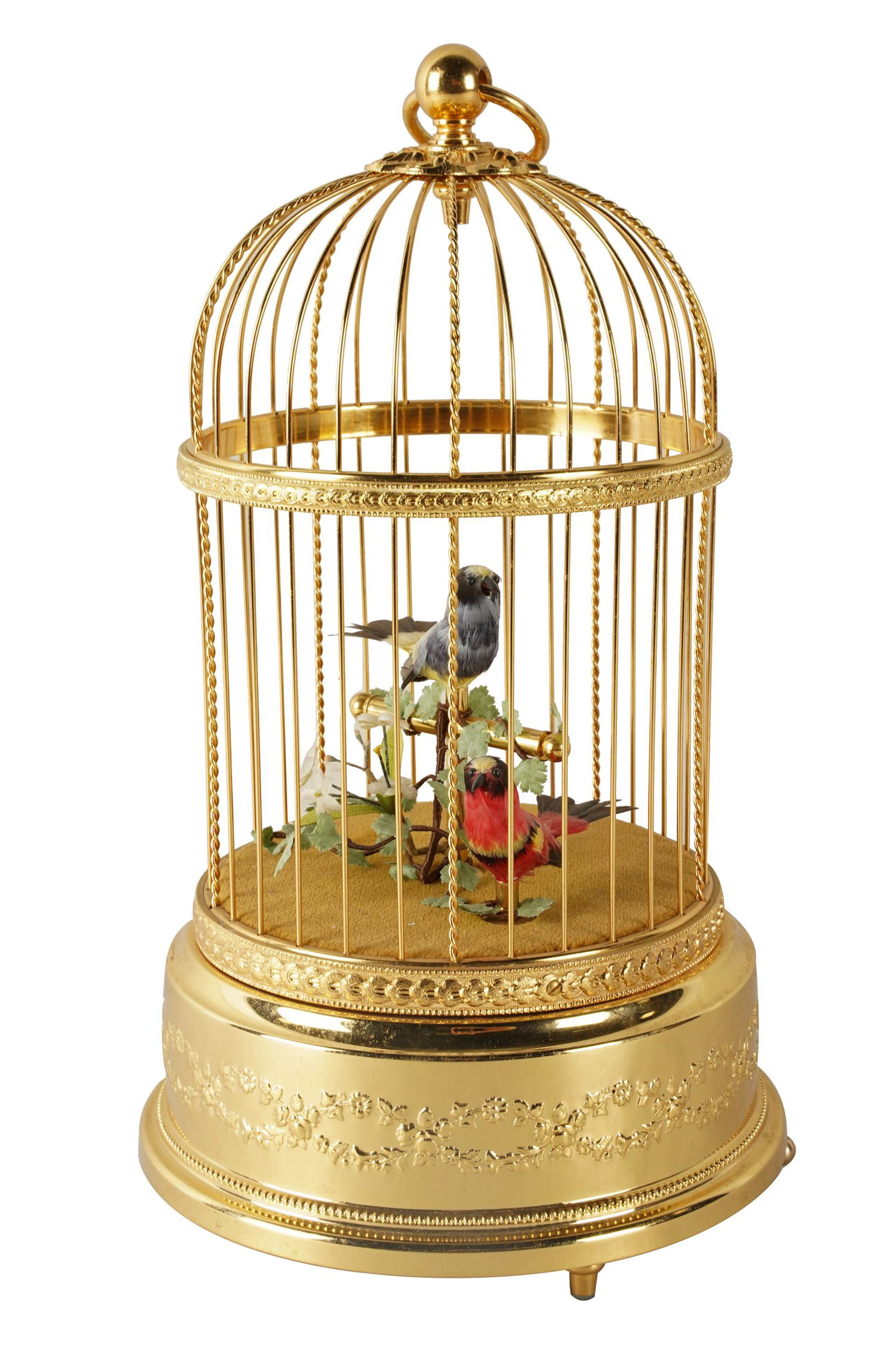 REUGE: SWISS SINGING BIRD IN CAGE: stamped "Reuge Music / Sainte Croix / Made in Switzerland" and numbered "9010"; Condition: birds chirp and move but do not sing a tune; 12 inches high