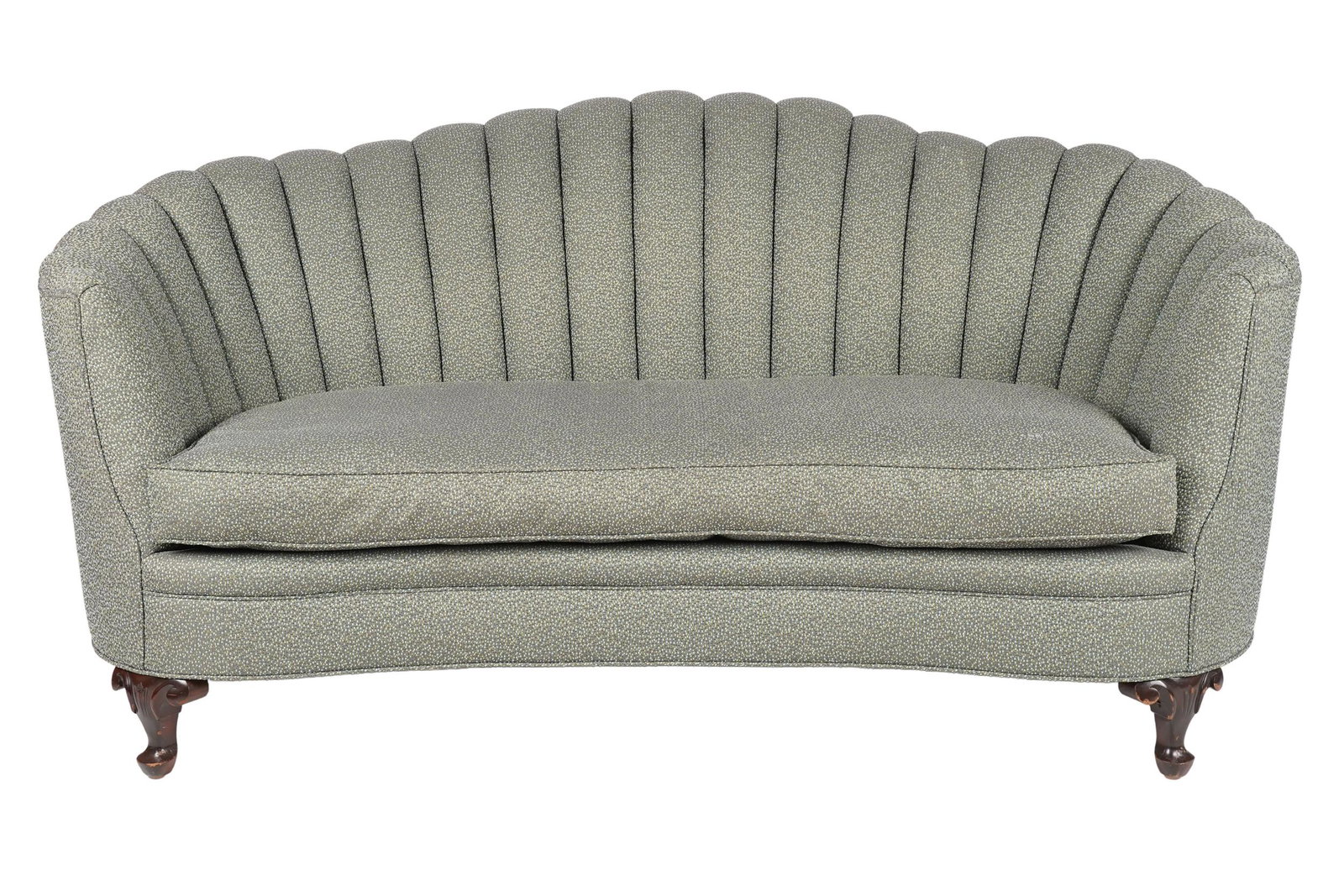 UPHOLSTERED WALNUT SOFA: with tufted fan back and arms; Condition: fabric with slight wear; 68 inches wide; 34 inches deep; 35 inches high; seat height: 18 1/2 inches