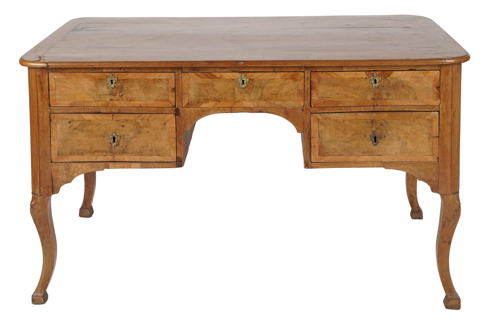 ITALIAN FRUITWOOD WRITING TABLE: with five drawers; Condition: with no key, lifting to veneer and separation to wood on top left corner; 53 inches wide; 28 inches deep; 31 inches high