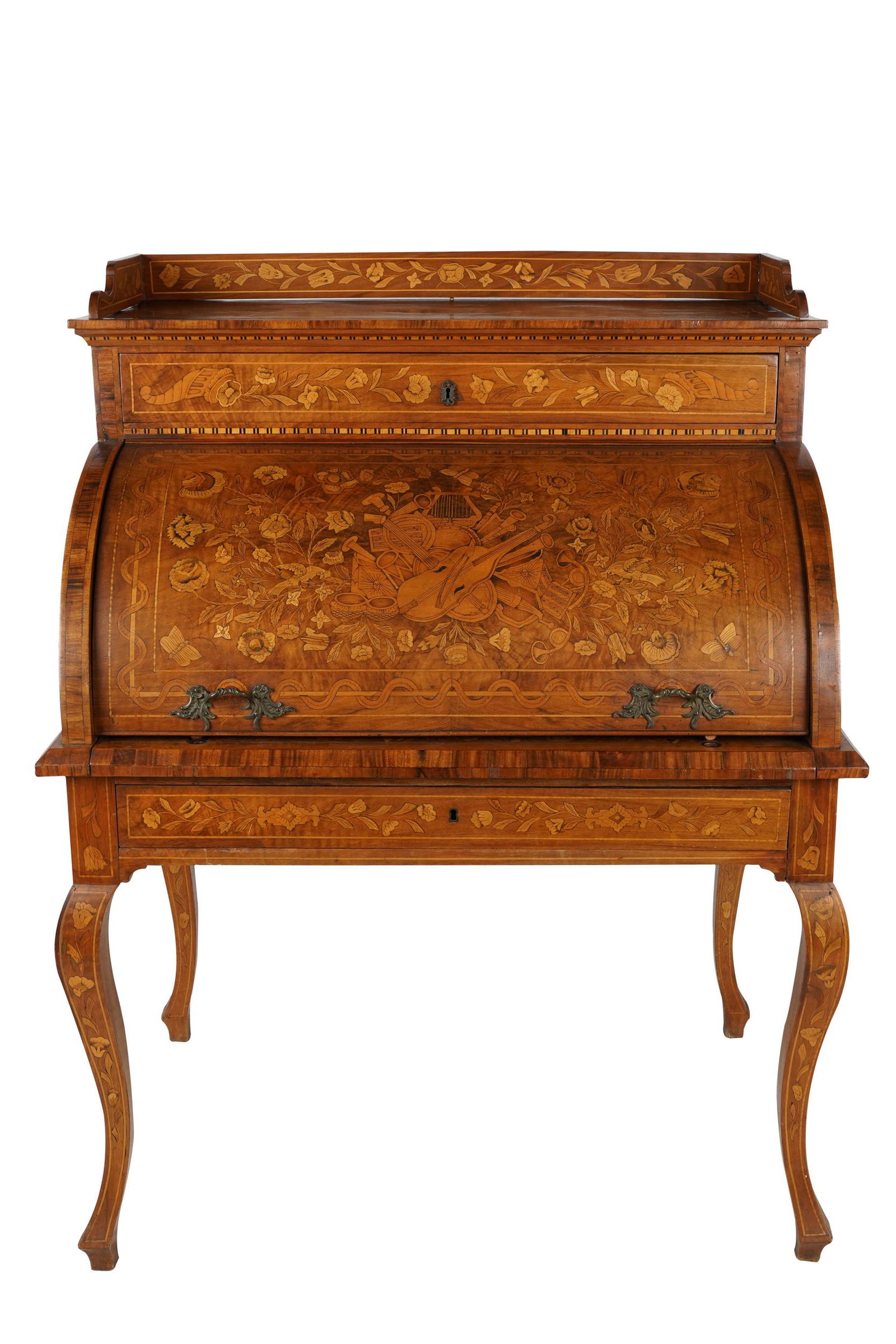CONTINENTAL WALNUT & MARQUETRY CYLINDER BUREAU (1 of 9)
