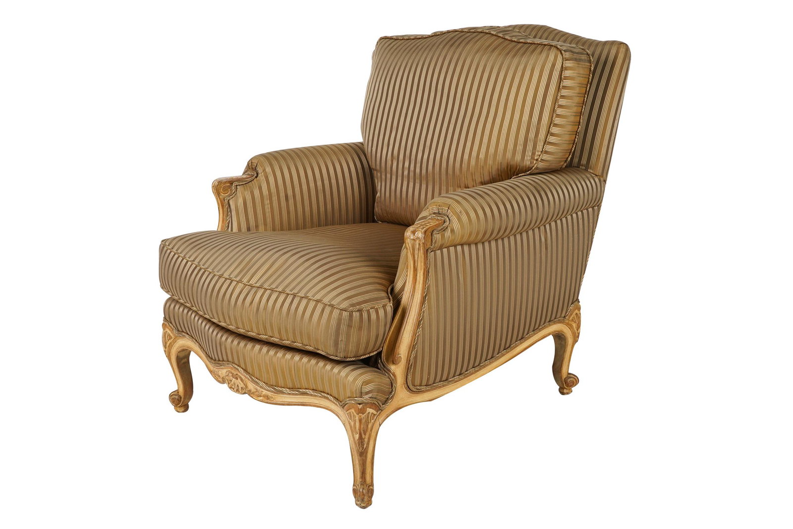 LOUIS XV STYLE PAINTED BERGERE: with striped upholstery and removable cushions; 29 inches wide; 34 inches deep; 33 inches high; seat height: 17 inches