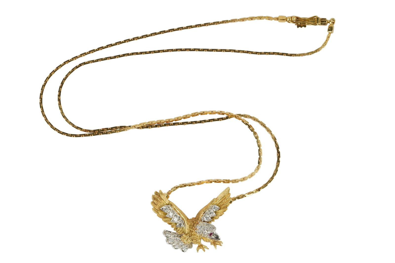 MCTEIGUE & CO. 18 KARAT YELLOW GOLD, PLATINUM, &: containing 21 full cut diamonds [H-I/VS] weighing approximately 0.20 carats total; and one round shape ruby weighing approximately 0.005 carats; 8.3 grams; 16 1/2 inches long