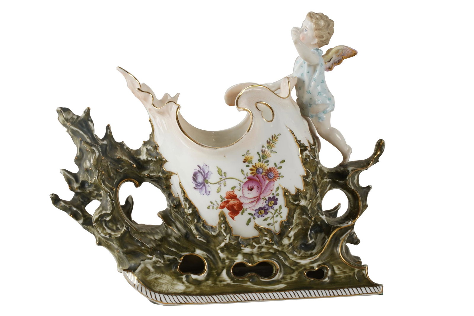 ROCOCO-STYLE PORCELAIN SHELL: hand-painted number in puce to underside "374 / 844" and "19" (no maker's mark); Condition: several chips to tips of green coral; 8 1/2 inches wide; 7 1/4 inches high