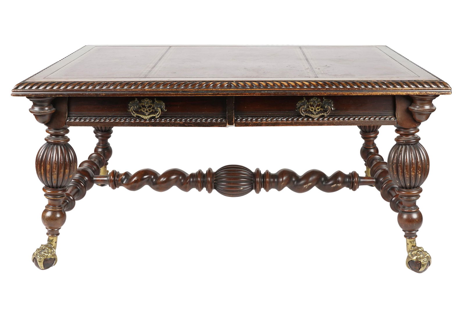 LEATHER-TOP CARVED WALNUT LIBRARY TABLE (1 of 9)