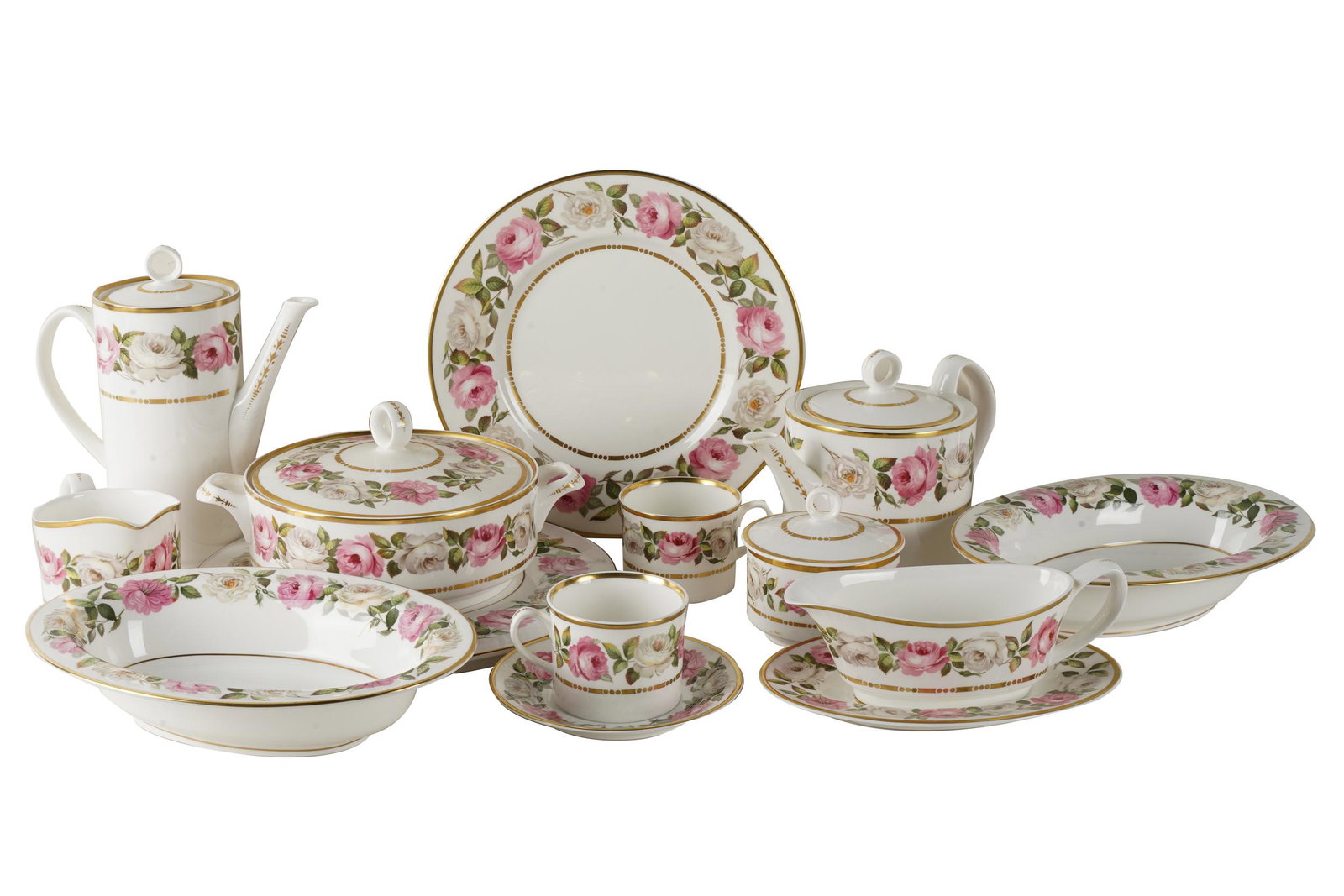 ROYAL WORCESTER: 'ROYAL GARDEN' BONE CHINA SERVICE: with red printed factory marks, comprising: 25 dinner plates (10 1/2" dia.); 24 salad plates (8" dia.); 24 bread plates (6 1/4" dia.); 8 soup plates (8" dia.); 15 cream soup bowls (5" wide); 38 tea sa