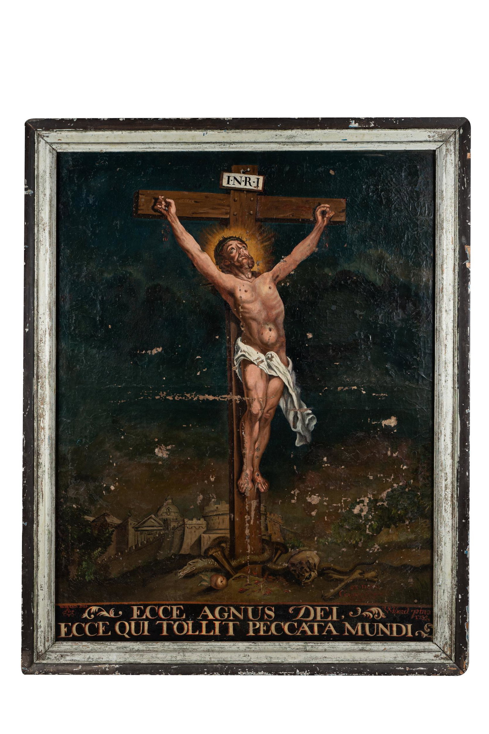 CONTINENTAL SCHOOL: "ECCE AGNUS DEI": Ecce Agnus Dei Ecce Qui Tollit Pecatta Mundi; 1785; oil on canvas; signed and dated lower left and lower right "Wibard. 1785"; further inscribed lower right "ex Doro Guigue Domini de Maisod. 1785"; Co