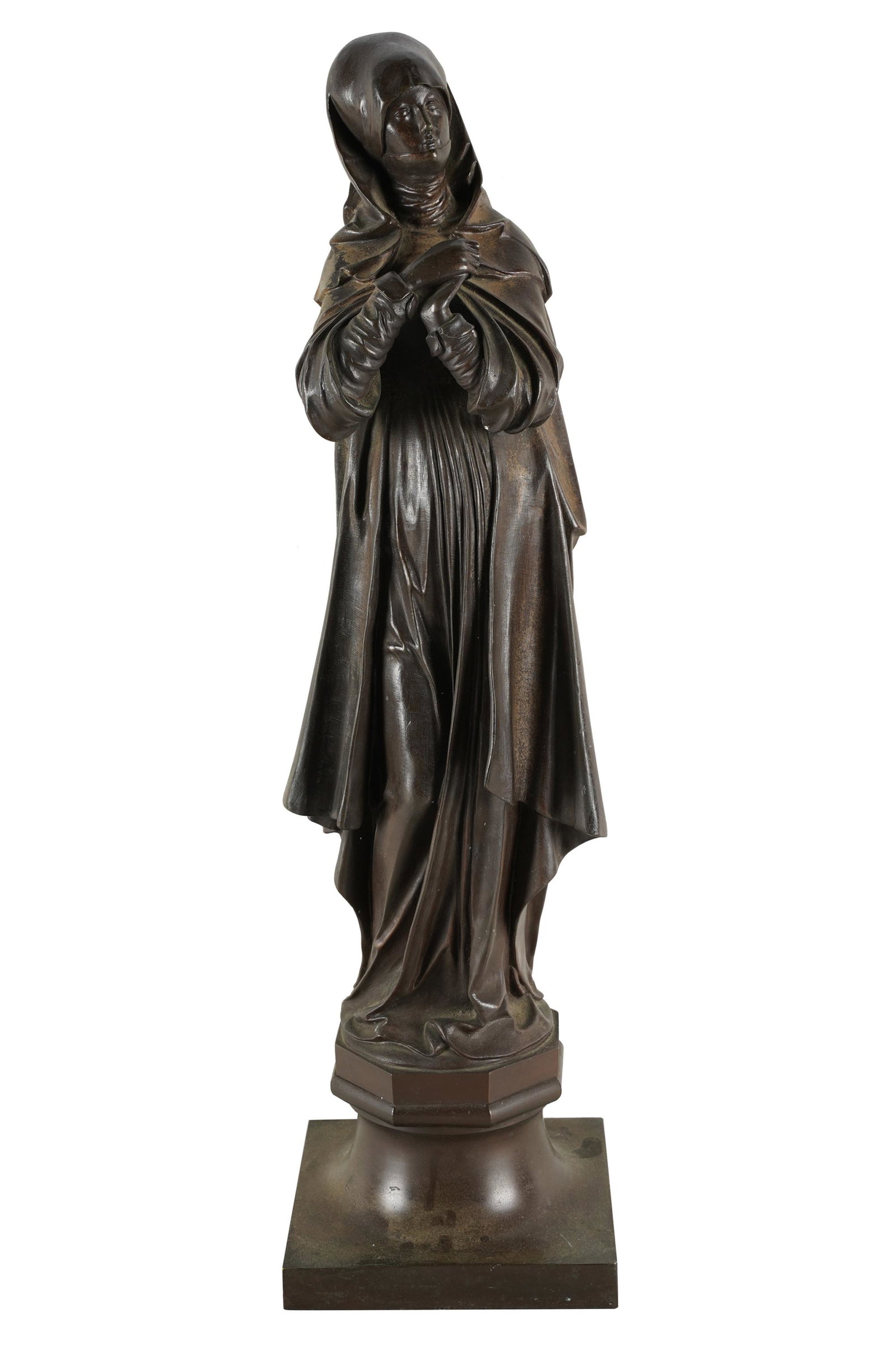 BRONZE FIGURE OF A NUN: 19th century; unsigned; Condition: with uneven patination; 22 3/4 inches high