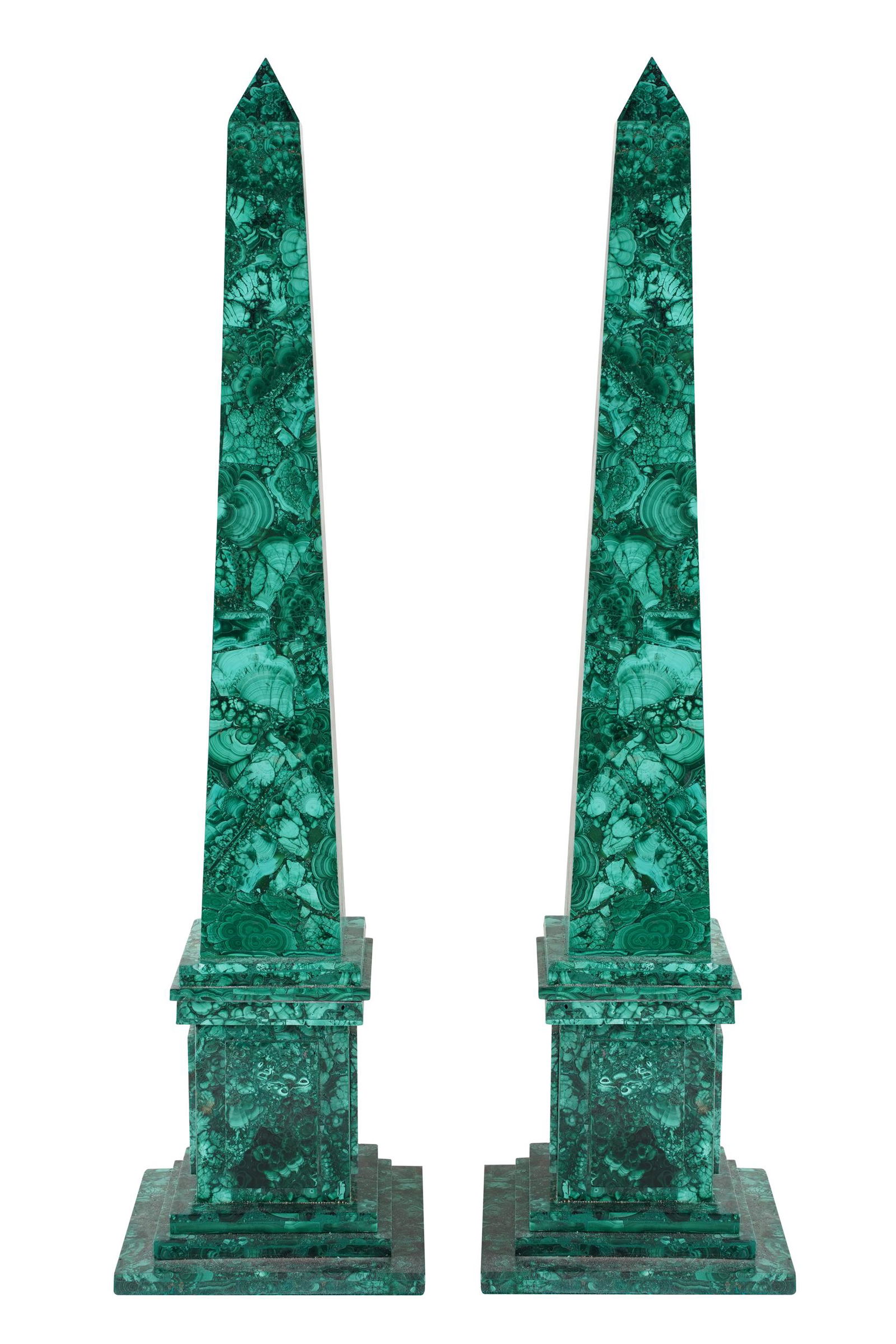 PAIR OF MALACHITE VENEERED OBELISKS: modern; 6 1/2 inches square; 16 inches high