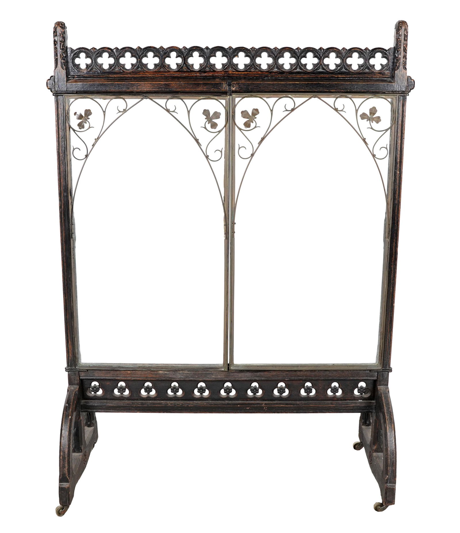 GOTHIC REVIVAL STYLE OAK, METAL & GLASS FIRESCREEN (1 of 13)