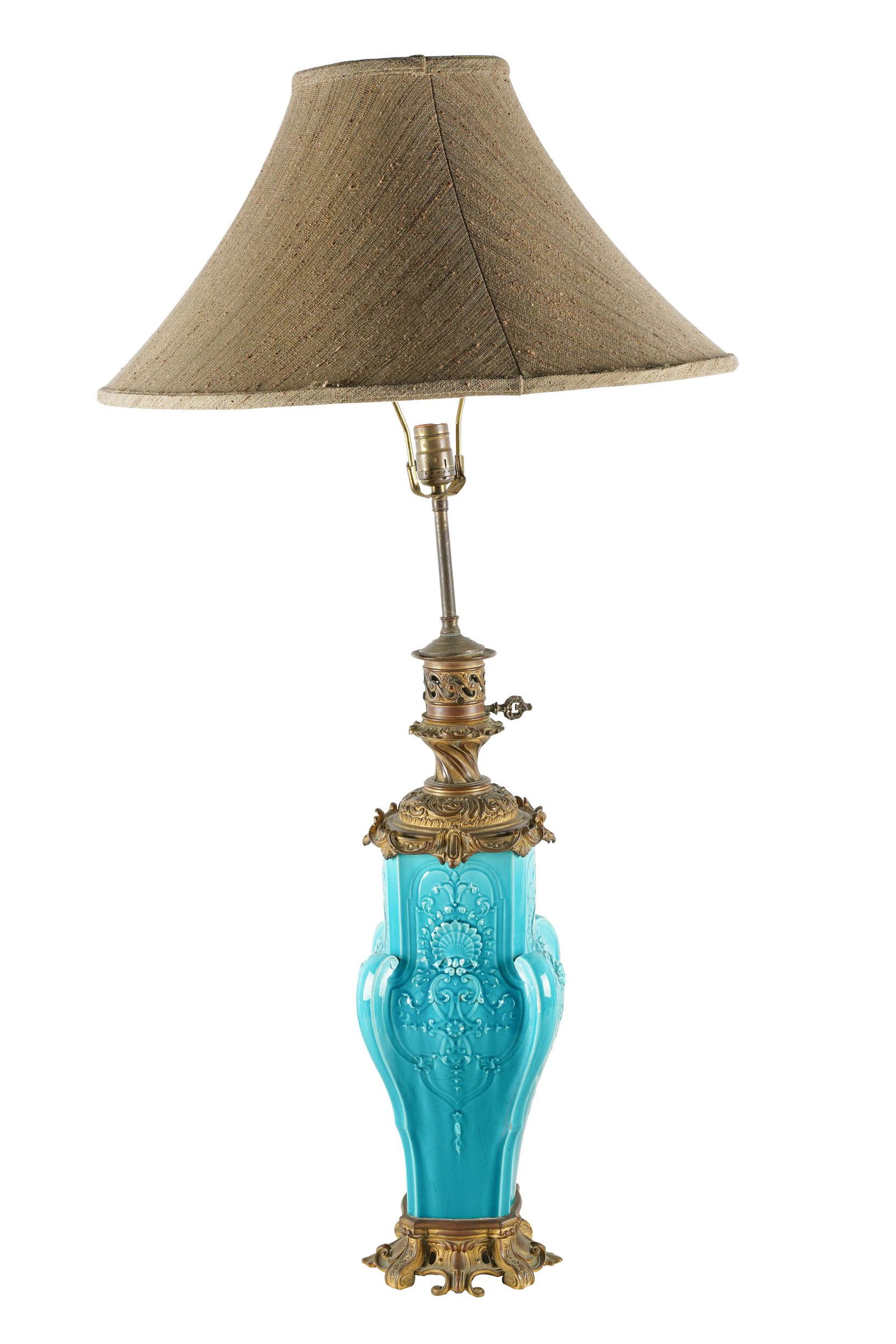TURQUOISE-GLAZED MAJOLICA TABLE LAMP (1 of 8)