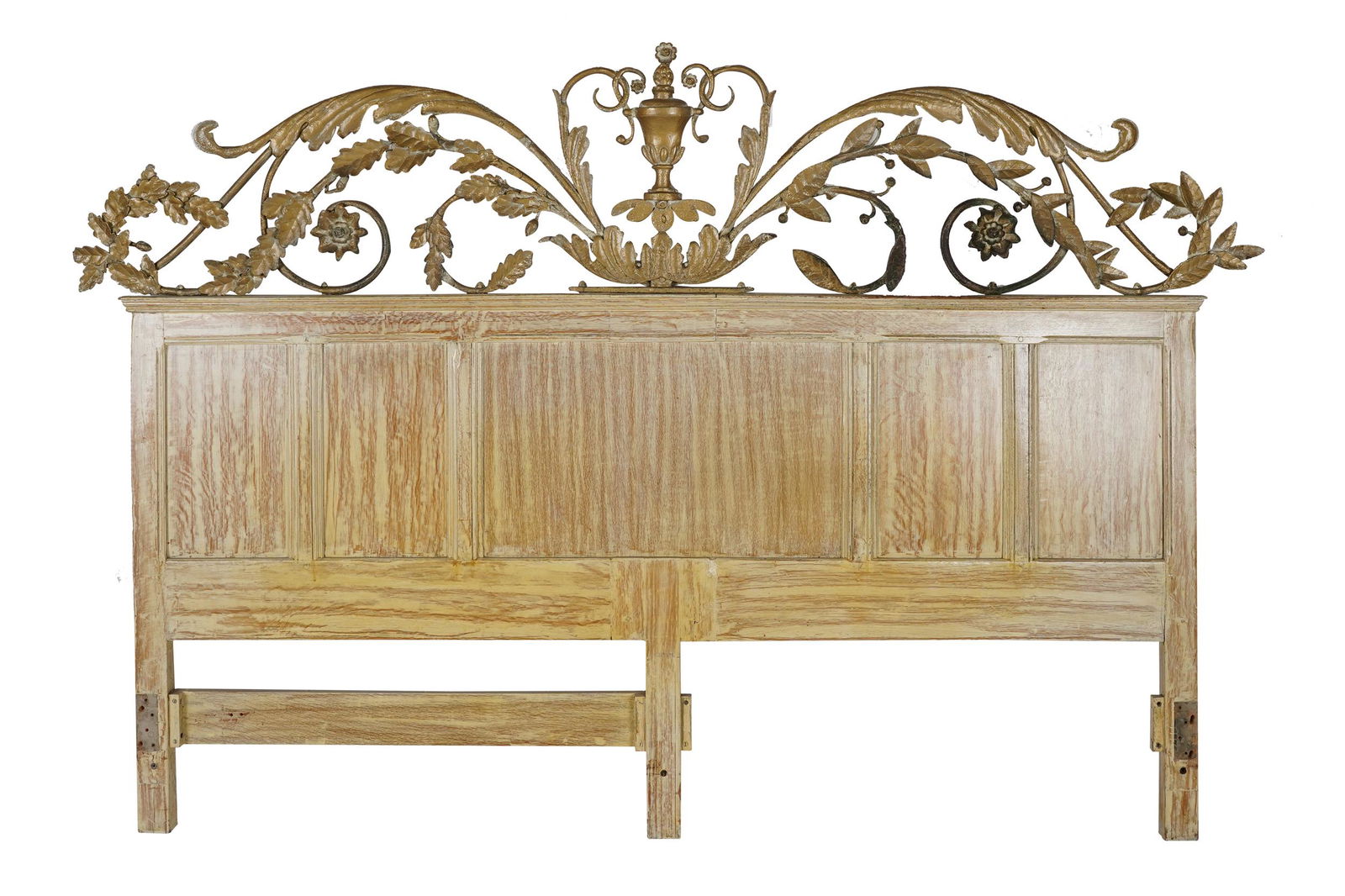 GILT, GESSO, & PICKLED WOOD HEADBOARD: Condition: with losses to gesso; 83 inches wide; 55 1/2 inches wide