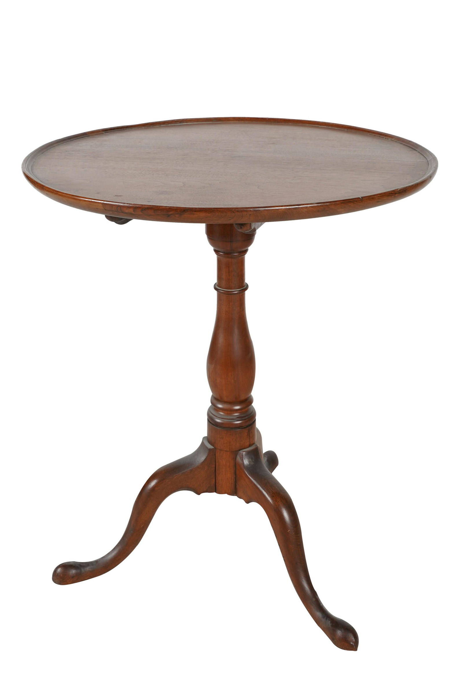 AMERICAN TRIPOD TILT-TOP TABLE: with rimmed top; Condition: with patched to rim (approximately 1 3/4 inches wide), and areas of water damage; 25 inches diameter; 29 1/2 inches high