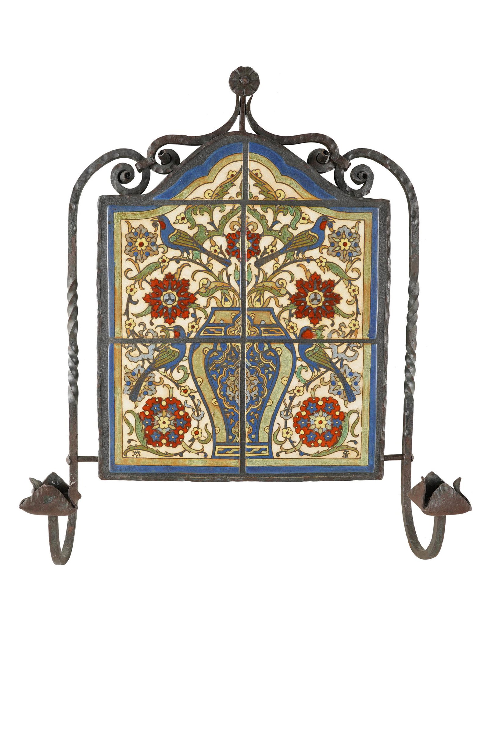 TILE & WROUGHT-IRON WALL SCONCE: with two candelarms and a foliate surmount; 22 1/2 x 16 inches