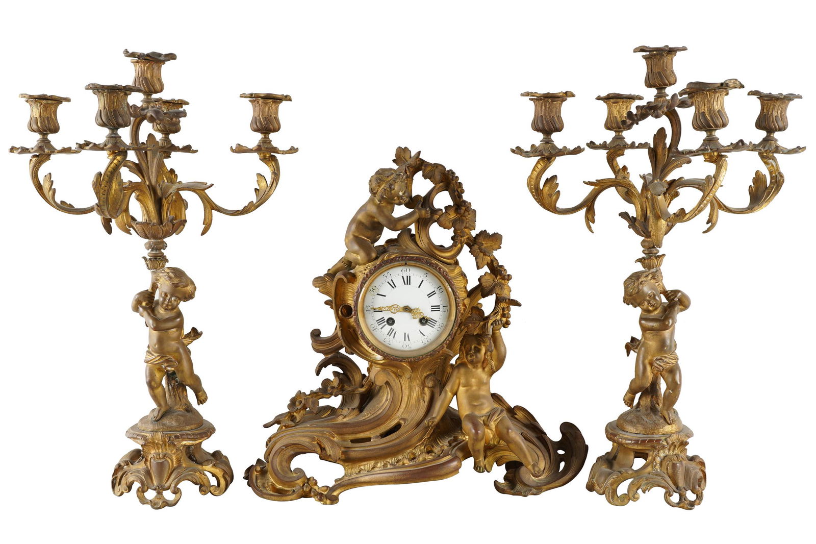LOUIS XV STYLE GILT BRONZE CLOCK GARNITURE SET (1 of 13)