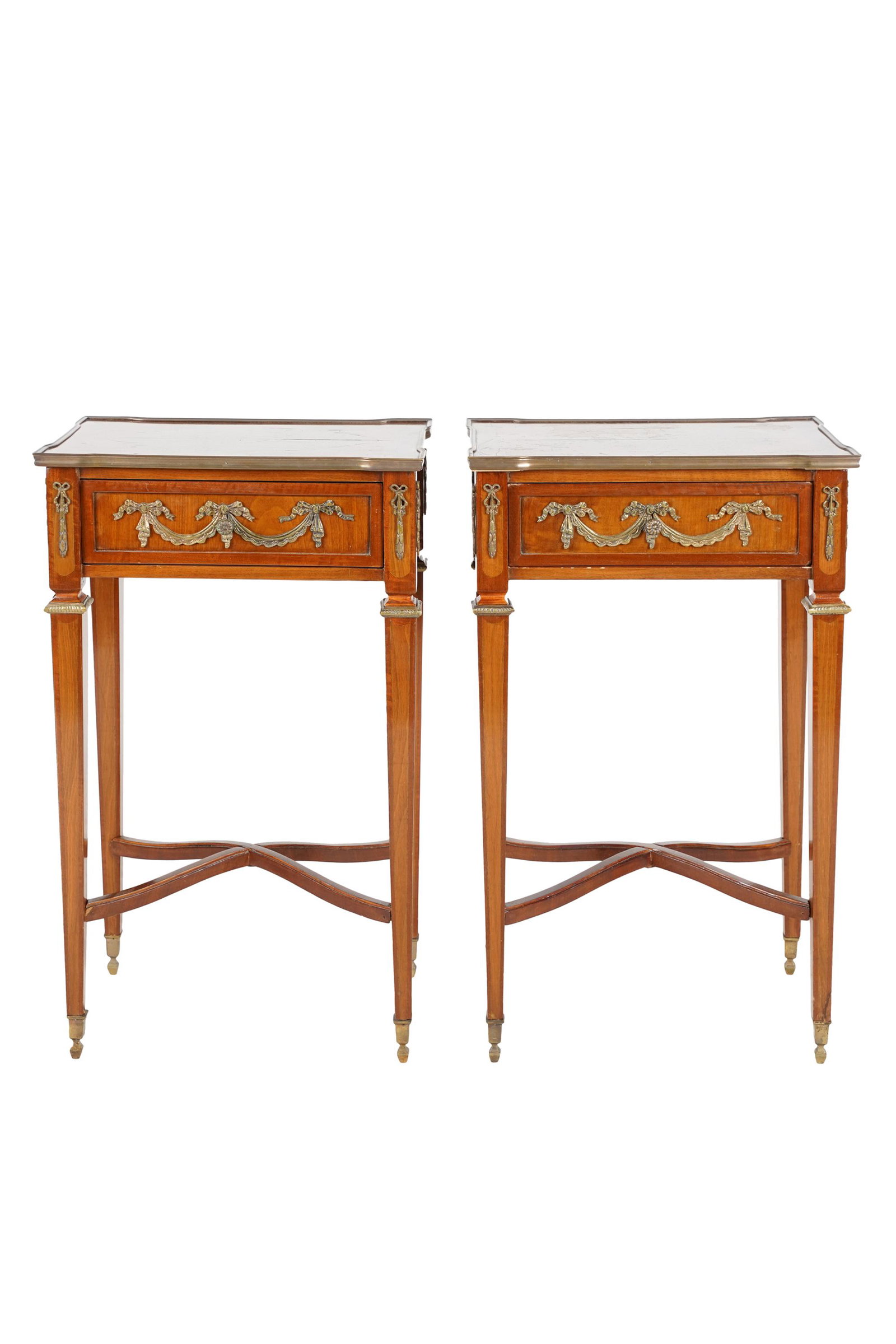 PAIR OF NEOCLASSIC STYLE NIGHTSTANDS: each with inlaid top and gilt metal mounts; 17 inches wide; 12 inches deep; 28 1/2 inches high